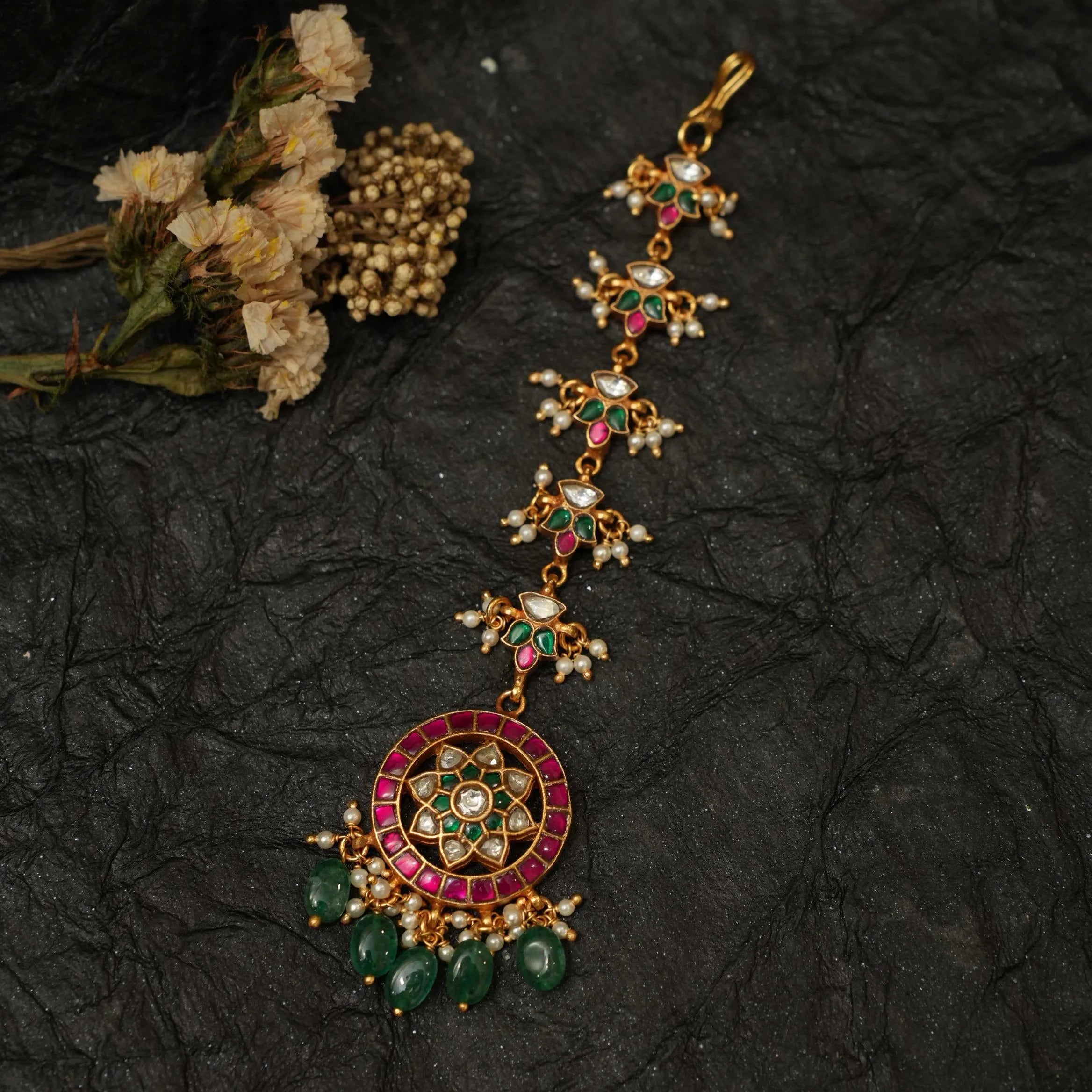 Hathiya Silver Tikka - Red & Green