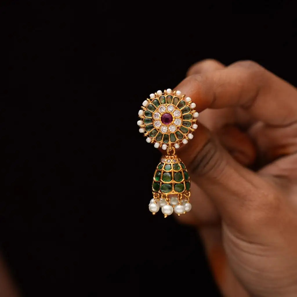 Hina Antique Jhumka Earrings - Green