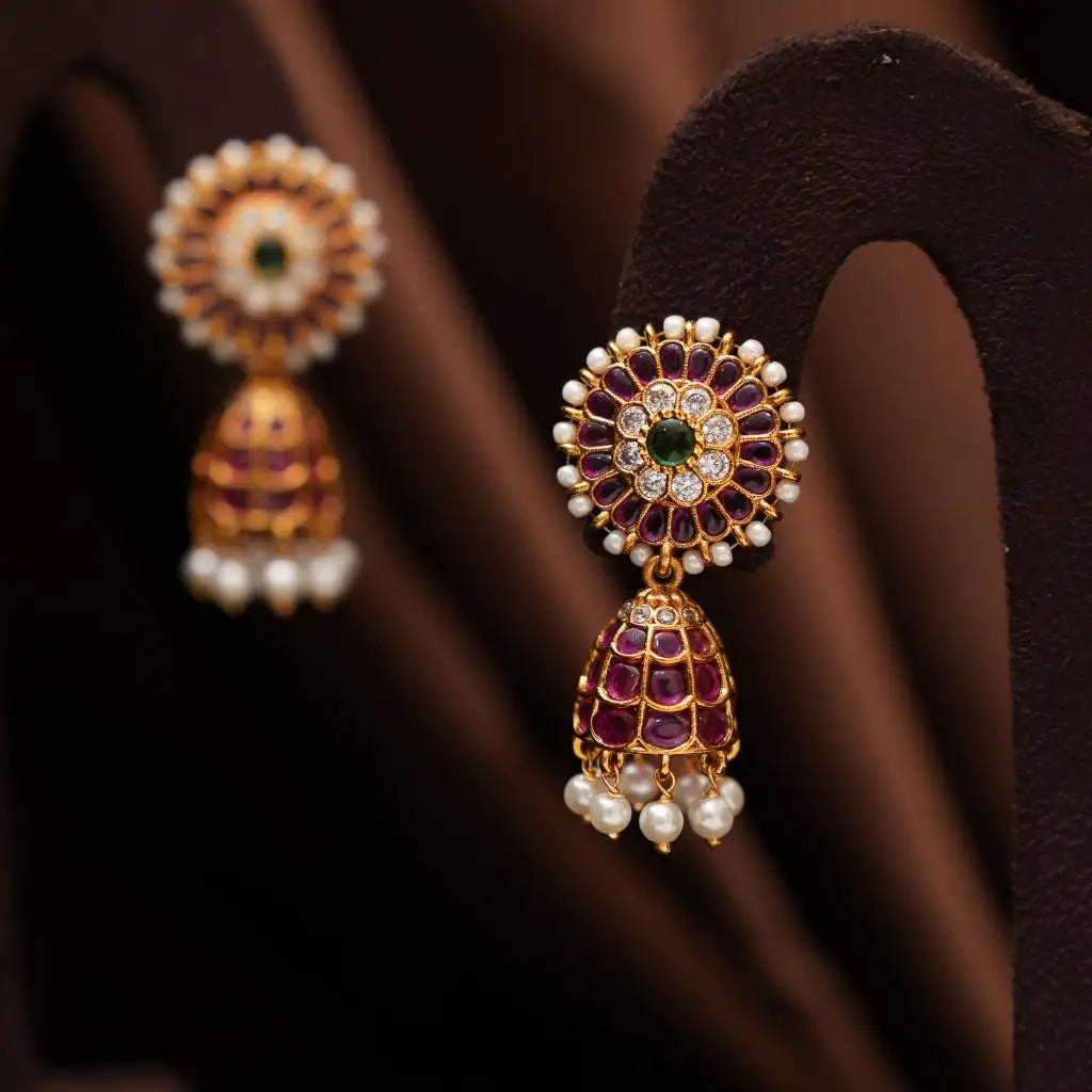 Hina Antique Jhumka Earrings - Red & Green
