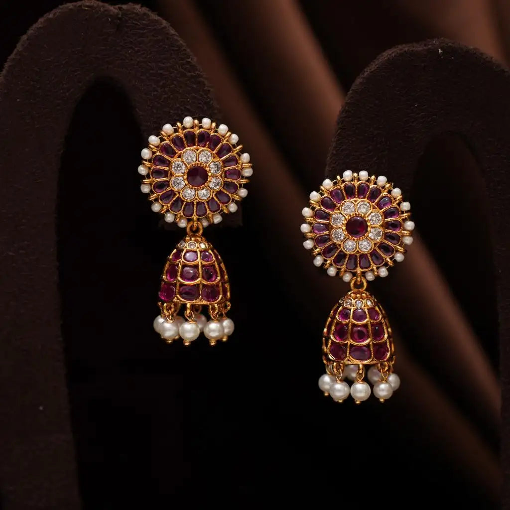 Hina Antique Jhumka Earrings - Red