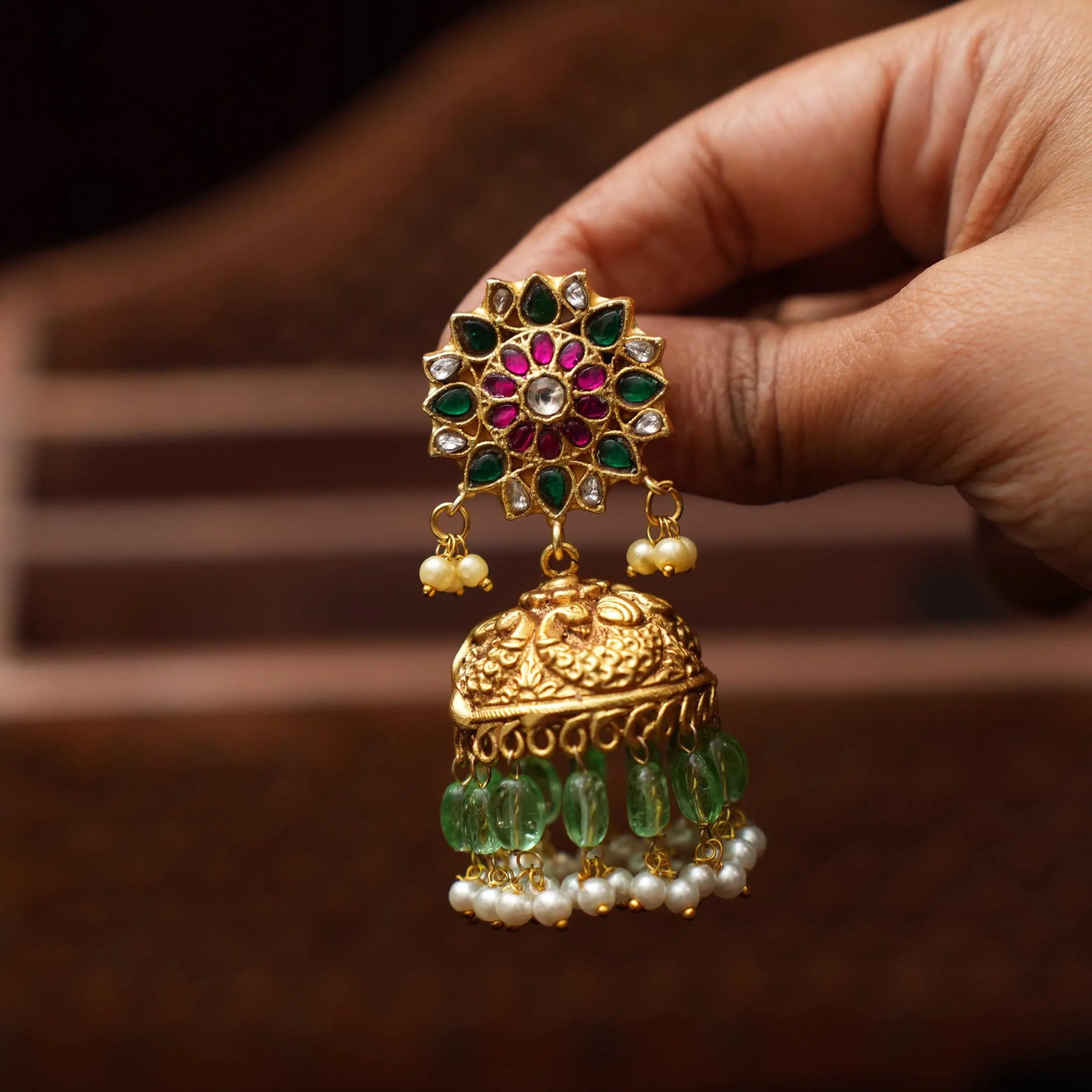 Hiral Antique Jhumka Earrings - Green
