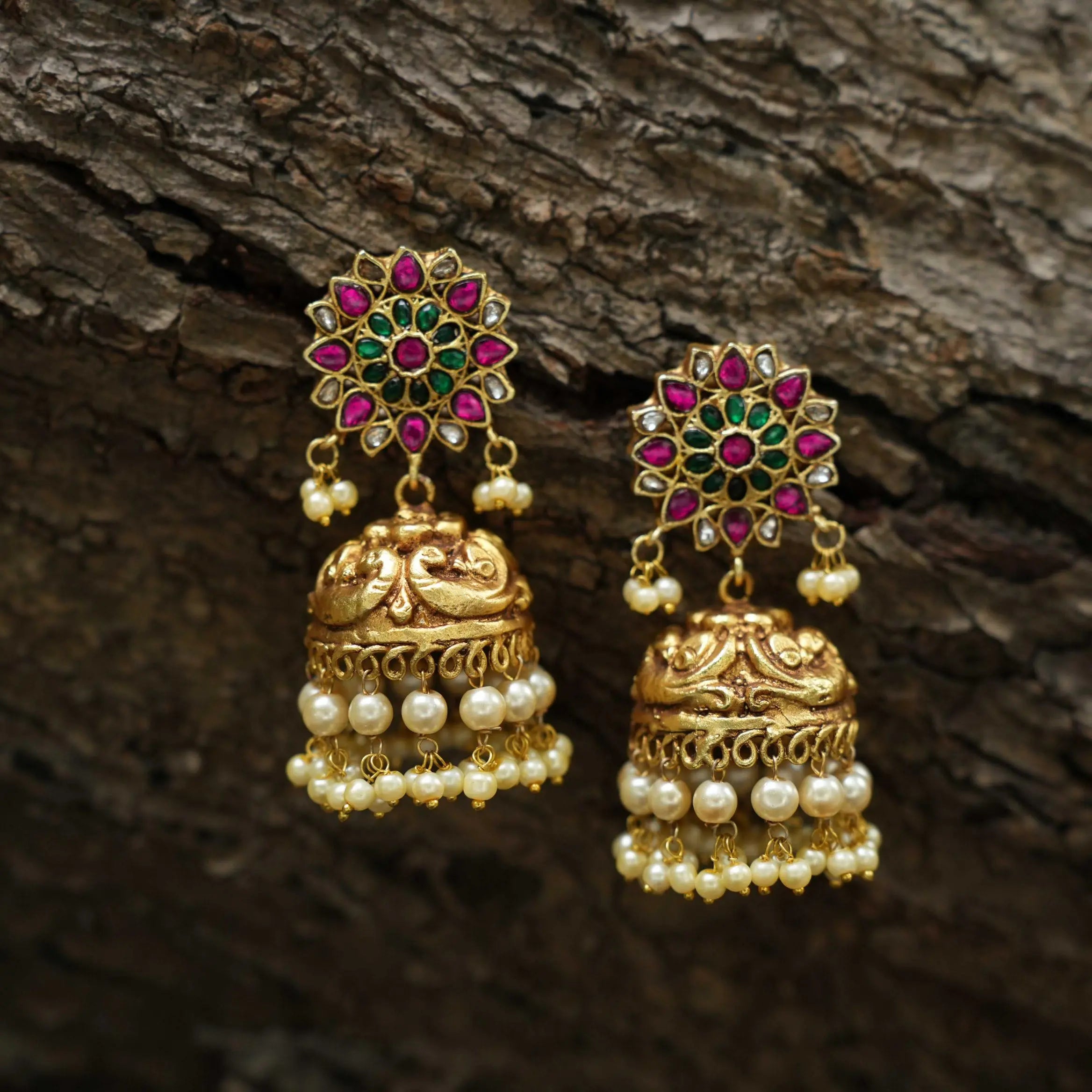 Hiral Antique Jhumka Earrings - Pearl