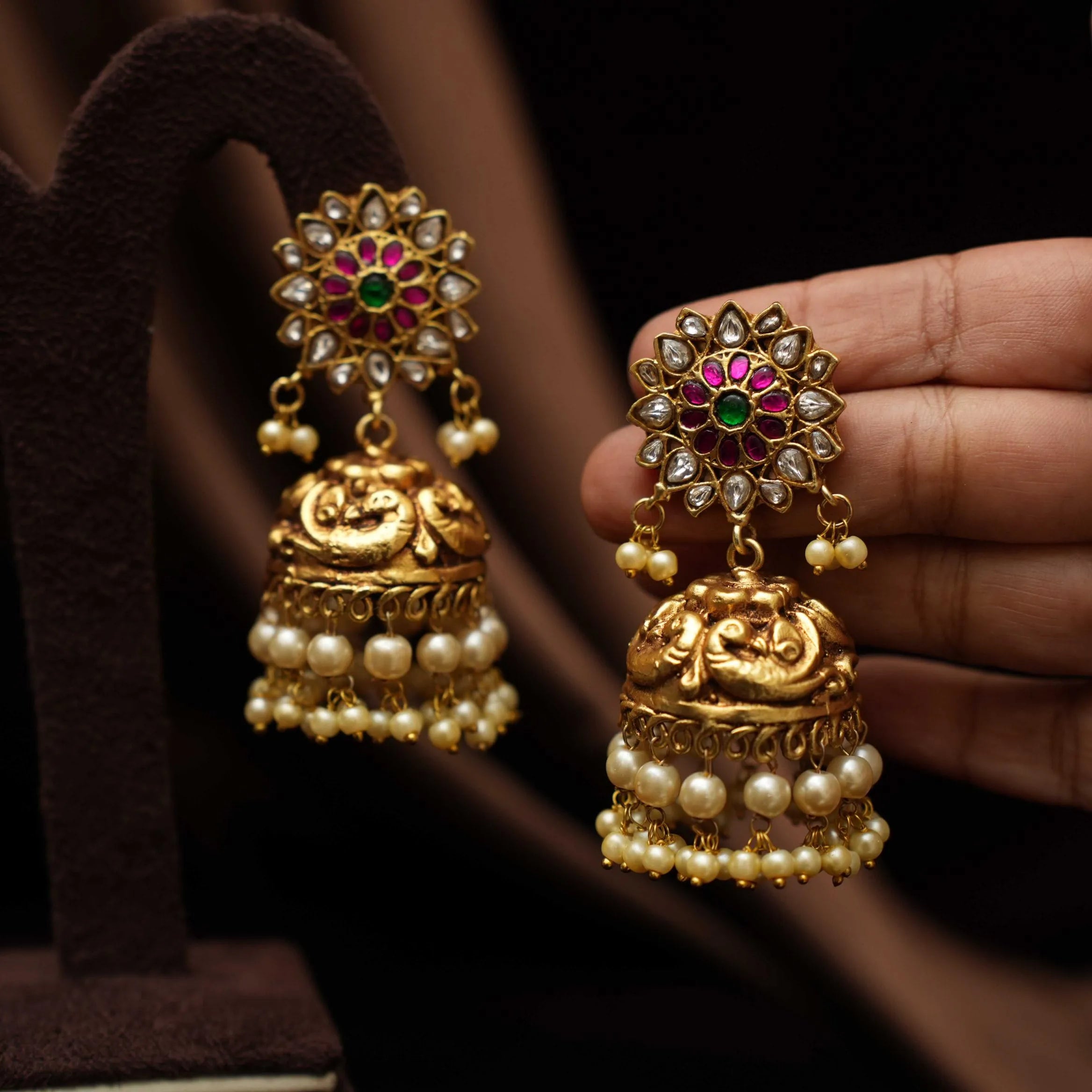 Hiral Antique Jhumka Earrings - White