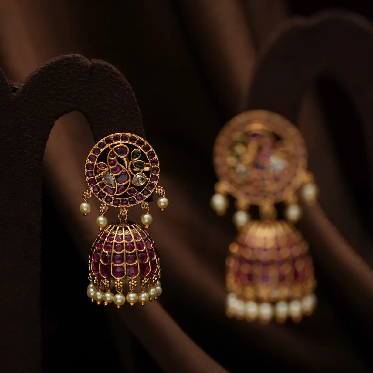 Hridya Antique Jhumka Earrings - Red & Green