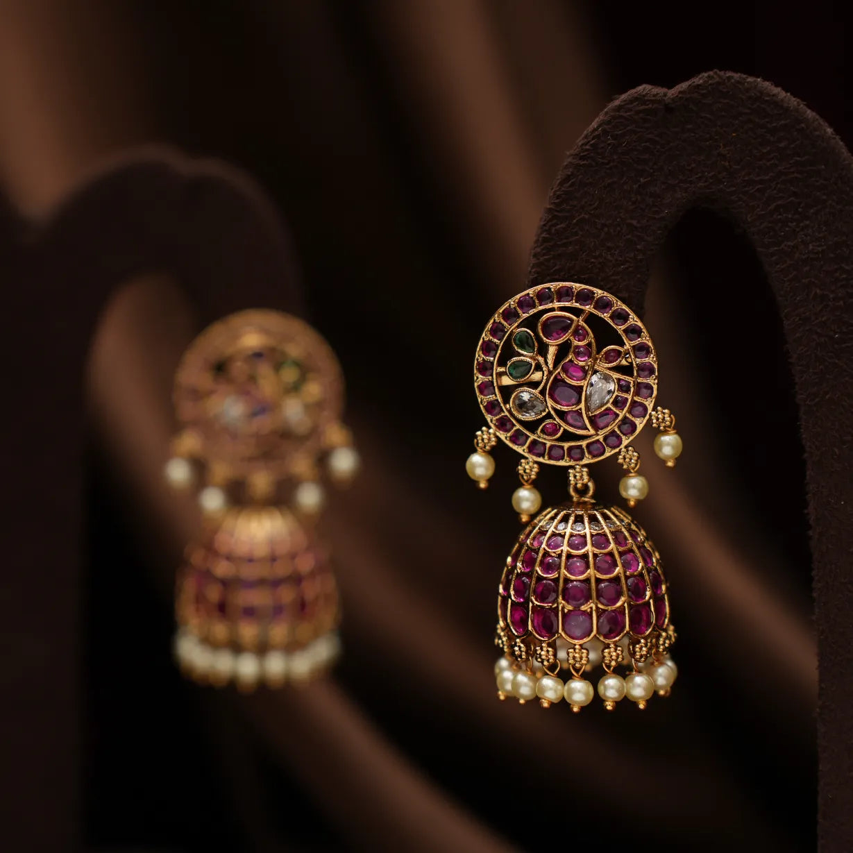 Hridya Antique Jhumka Earrings - Red & Green