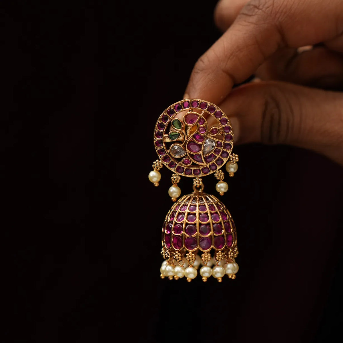 Hridya Antique Jhumka Earrings - Red & Green