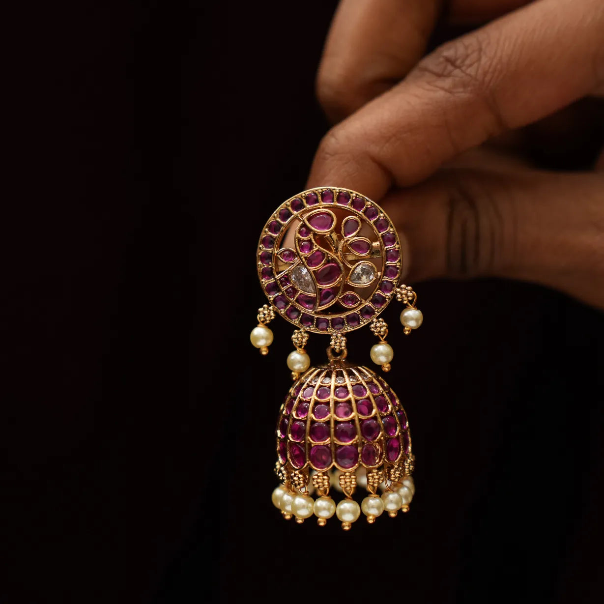 Hridya Antique Jhumka Earrings - Red & White