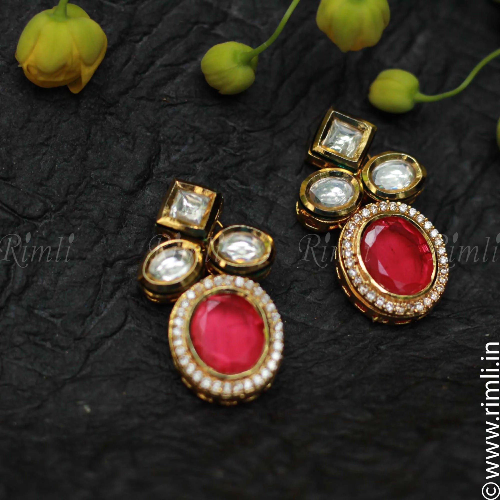 Ethnic Kundan Earrings - Red