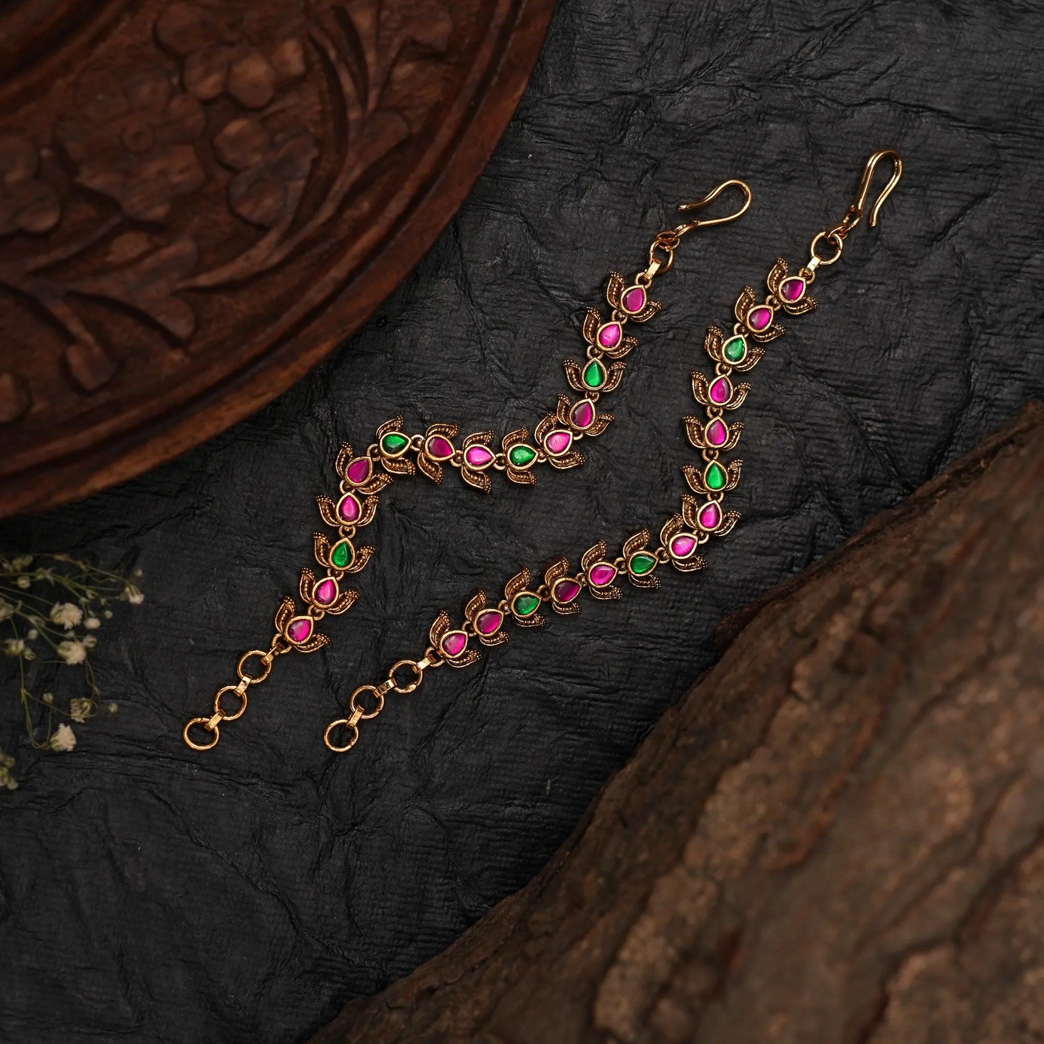Idhika Antique Ear Chain - Red & Green