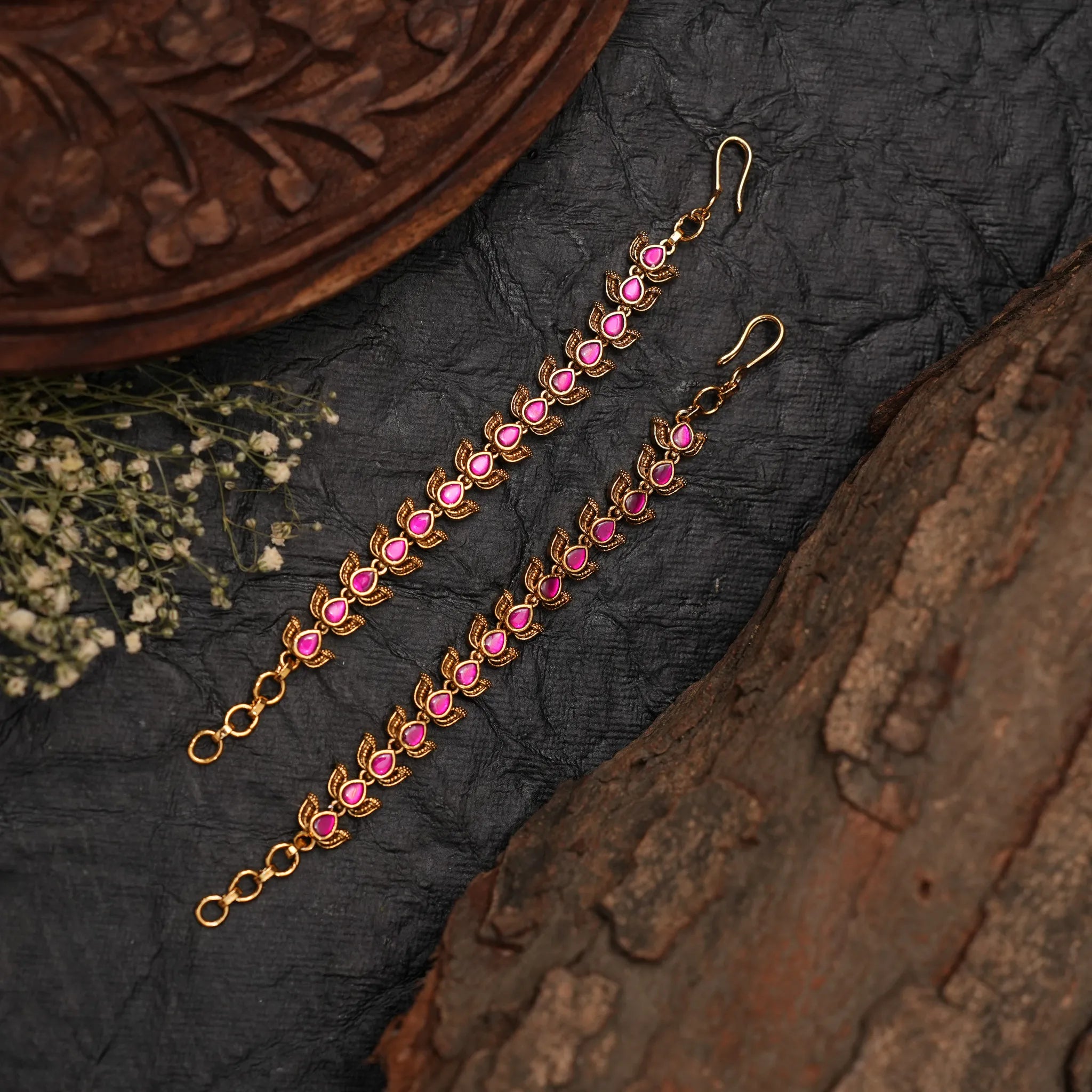 Idhika Antique Ear Chain - Ruby Pink
