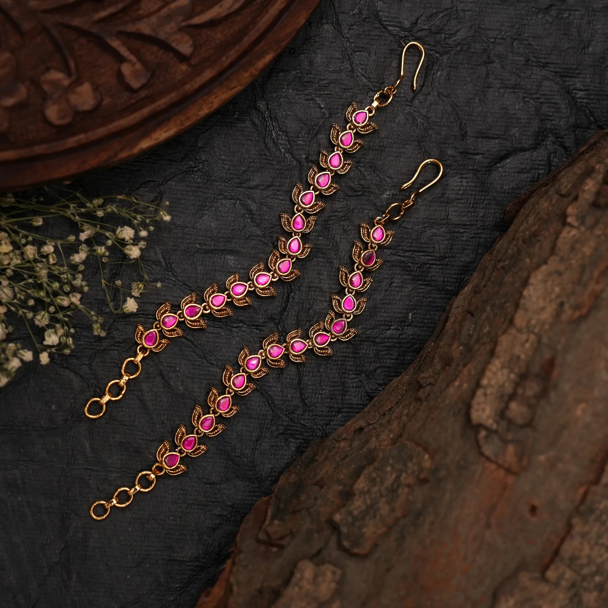 Idhika Antique Ear Chain - Ruby Pink