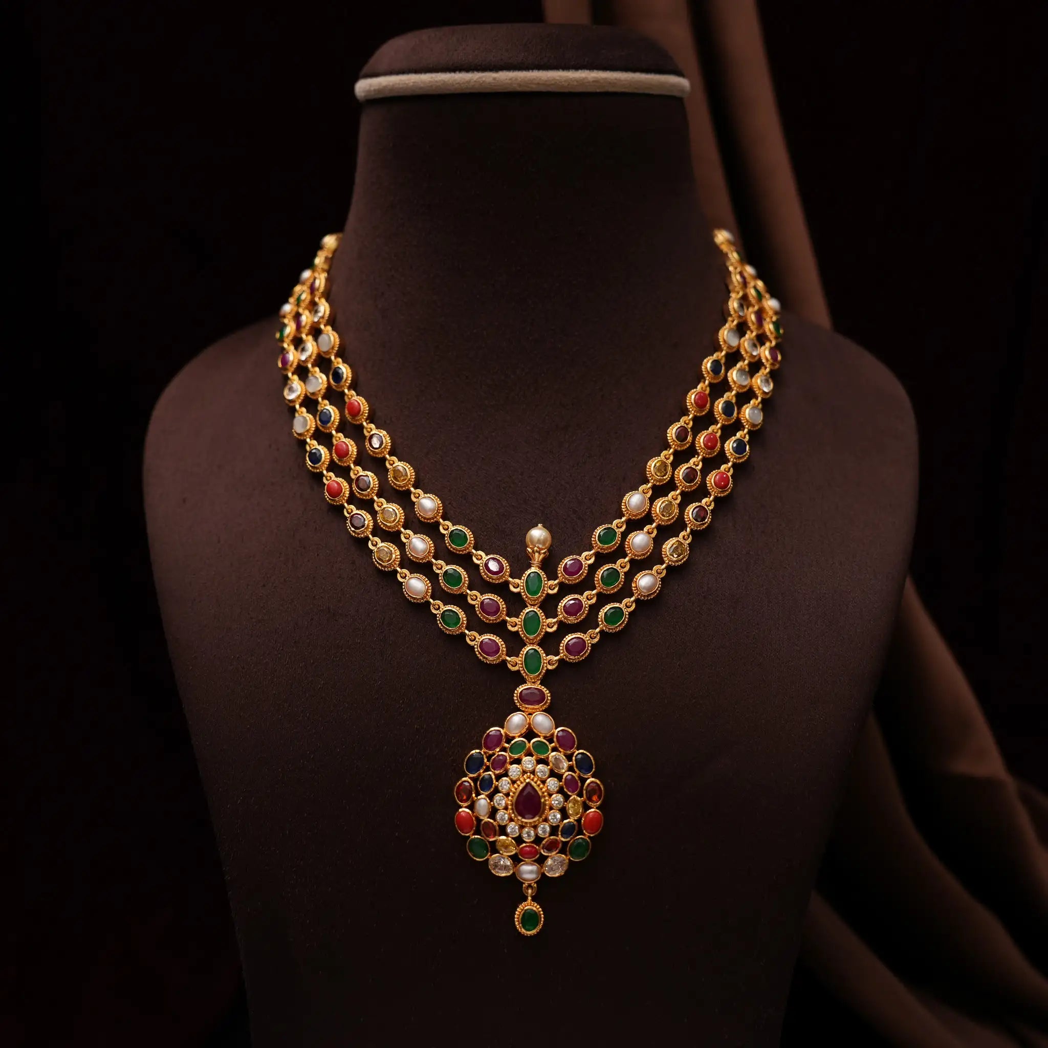 Janu Navarathna Layered Silver Necklace