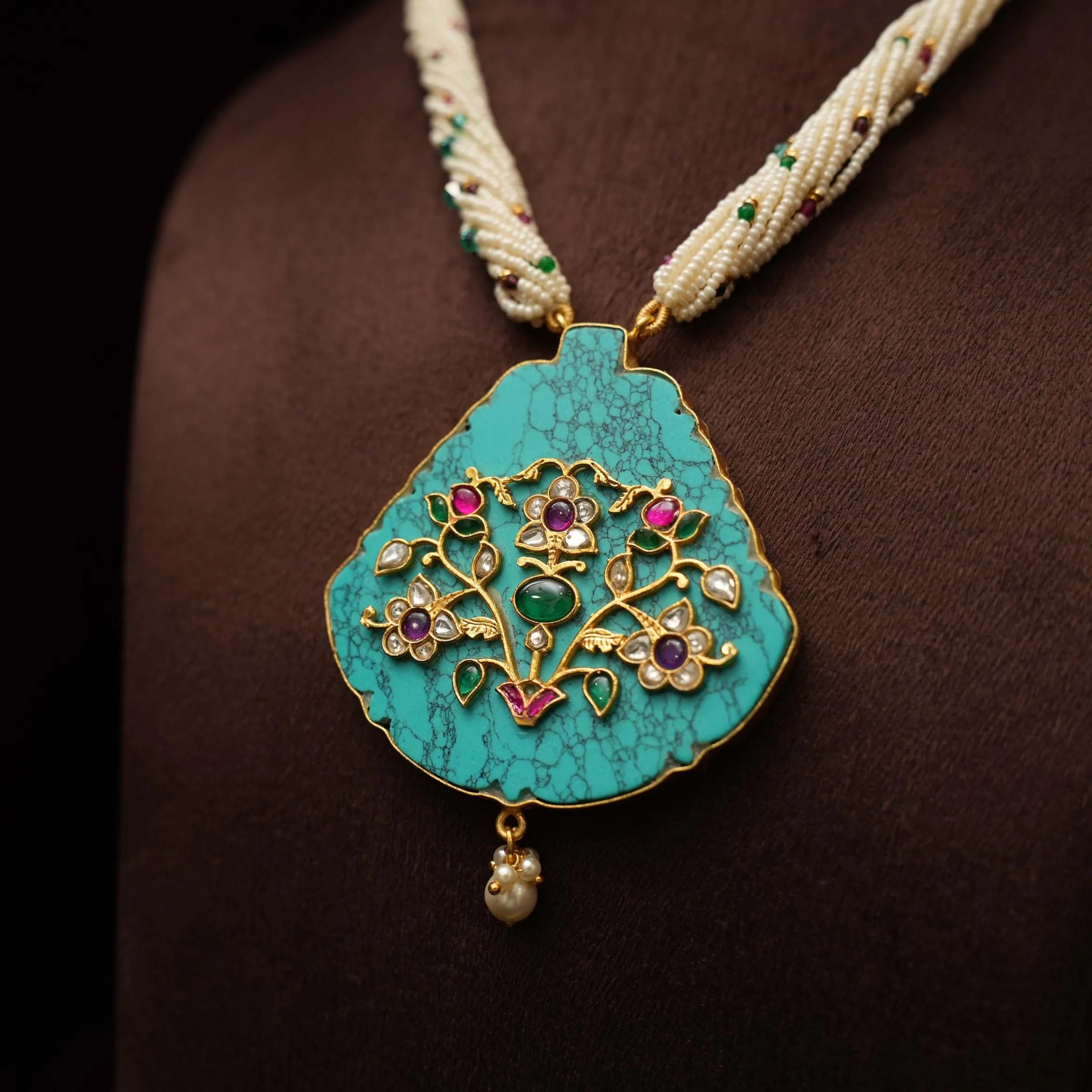 Jishnu Pearl Polki Necklace - Turquoise - Rimli Boutique