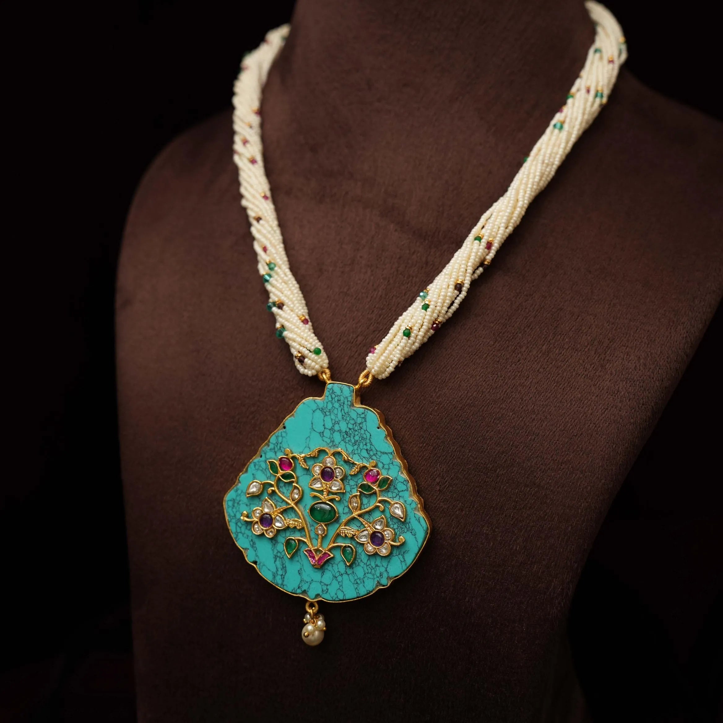 Jishnu Pearl Polki Necklace - Turquoise - Rimli Boutique