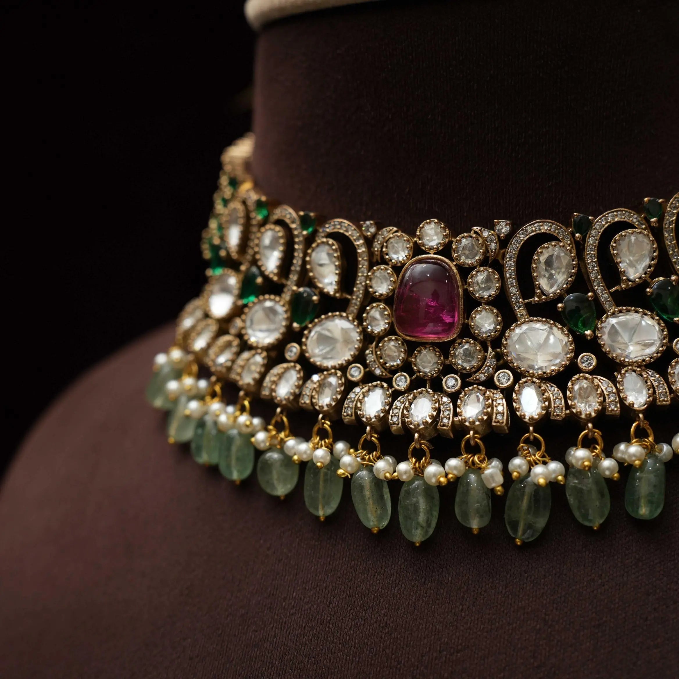 Jivanta Victorian Polki Choker - Dark Green