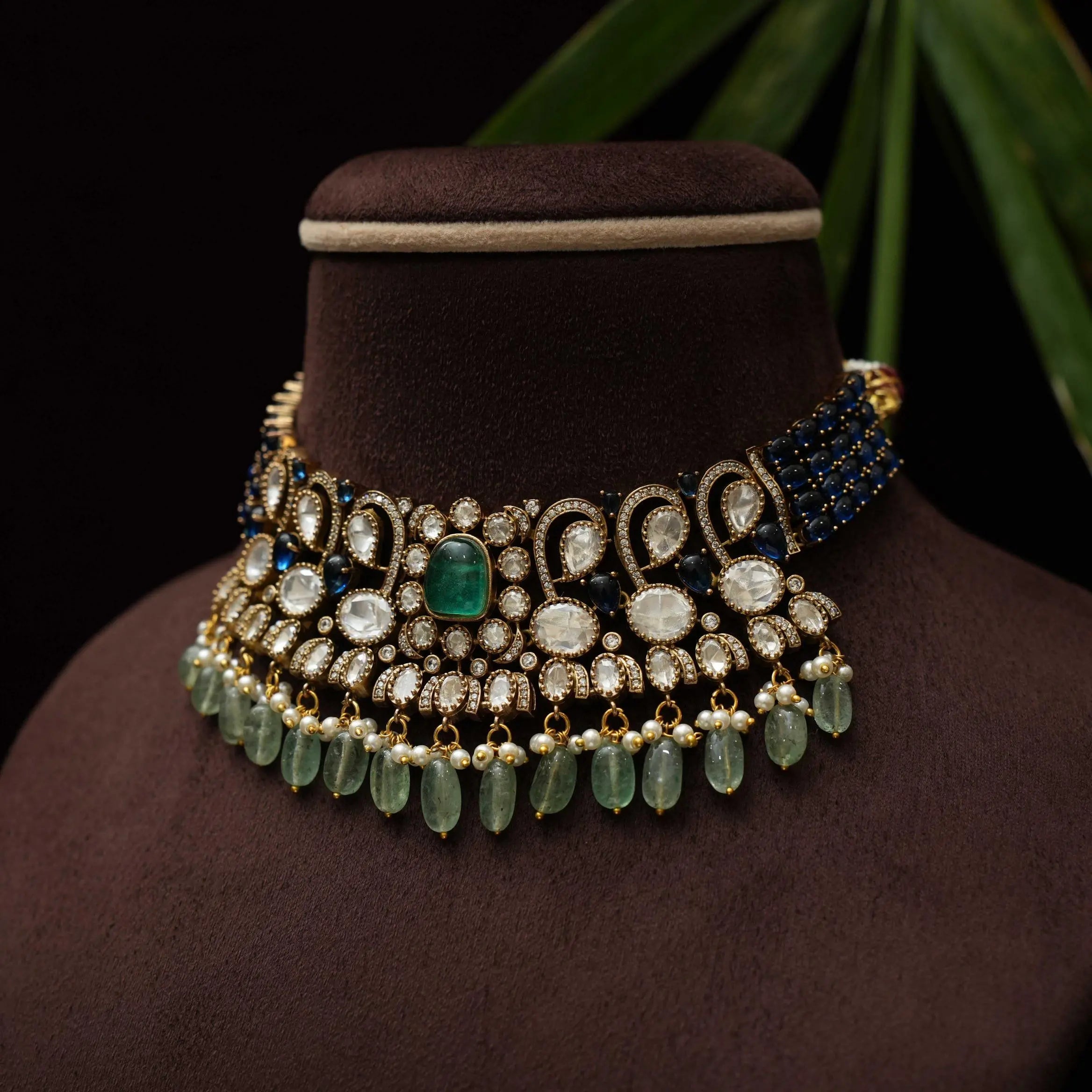 Jivanta Victorian Polki Choker - Blue
