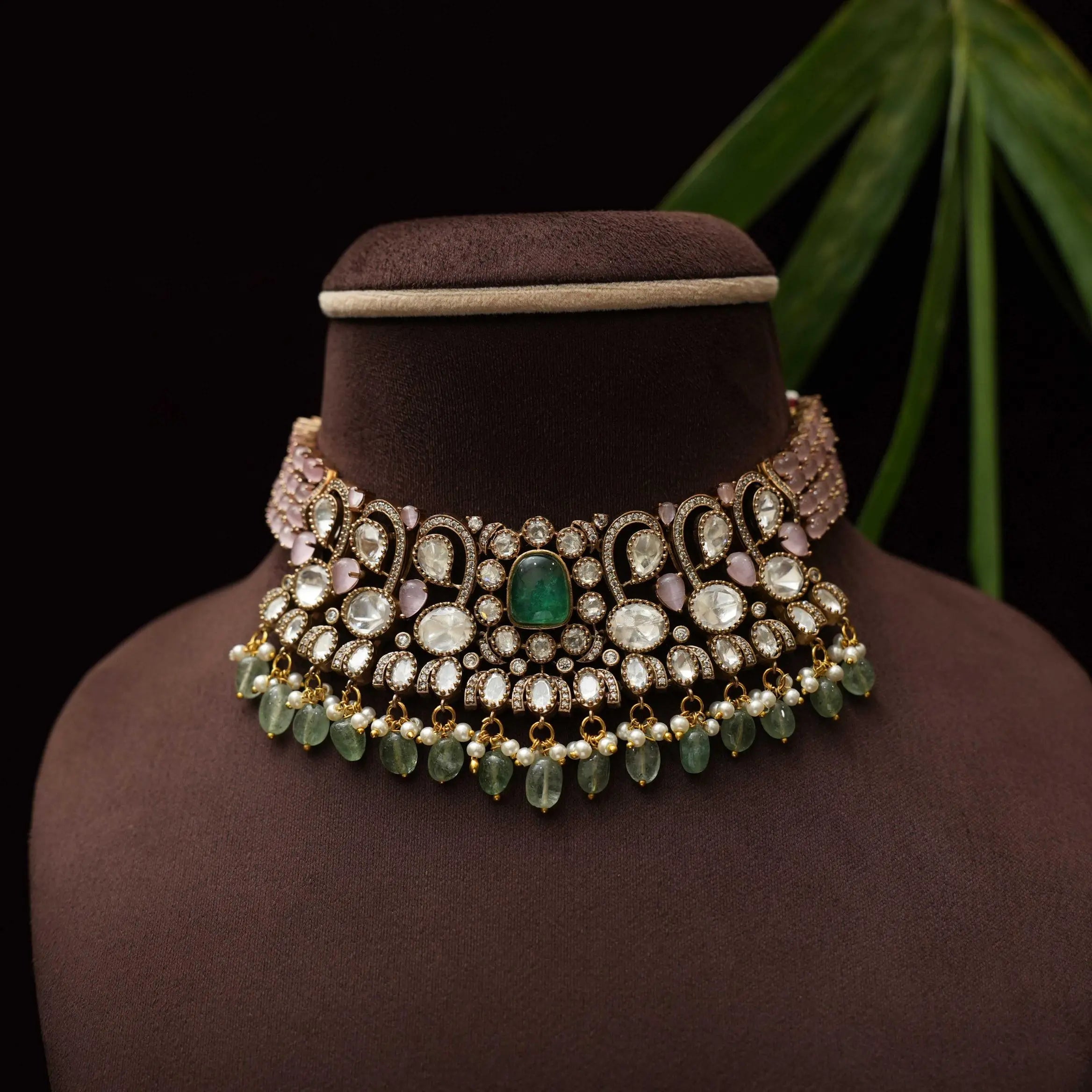 Jivanta Victorian Polki Choker - Pastel Pink