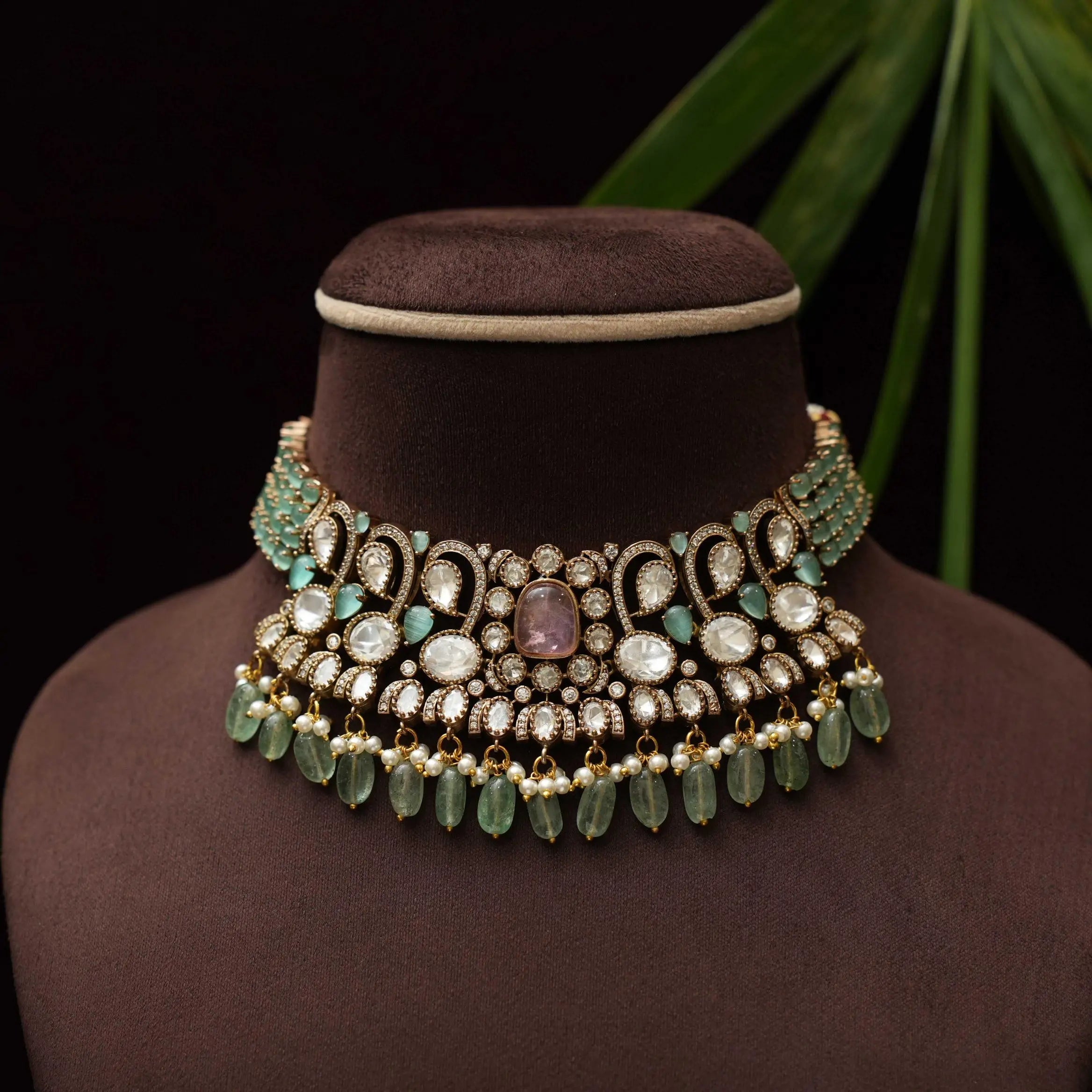 Jivanta Victorian Polki Choker - Pastel Green