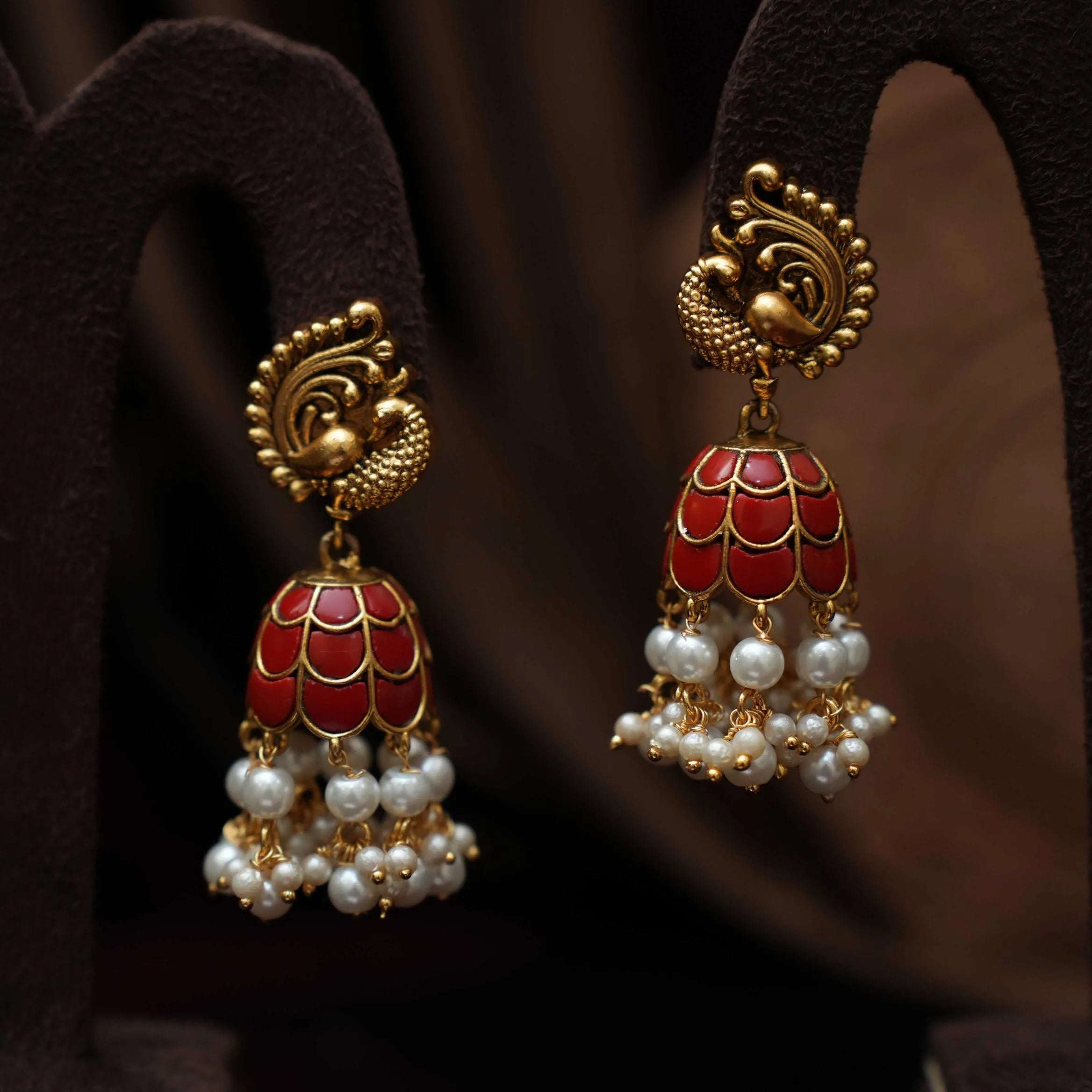 Kaajani Antique Jhumka Earrings - Coral