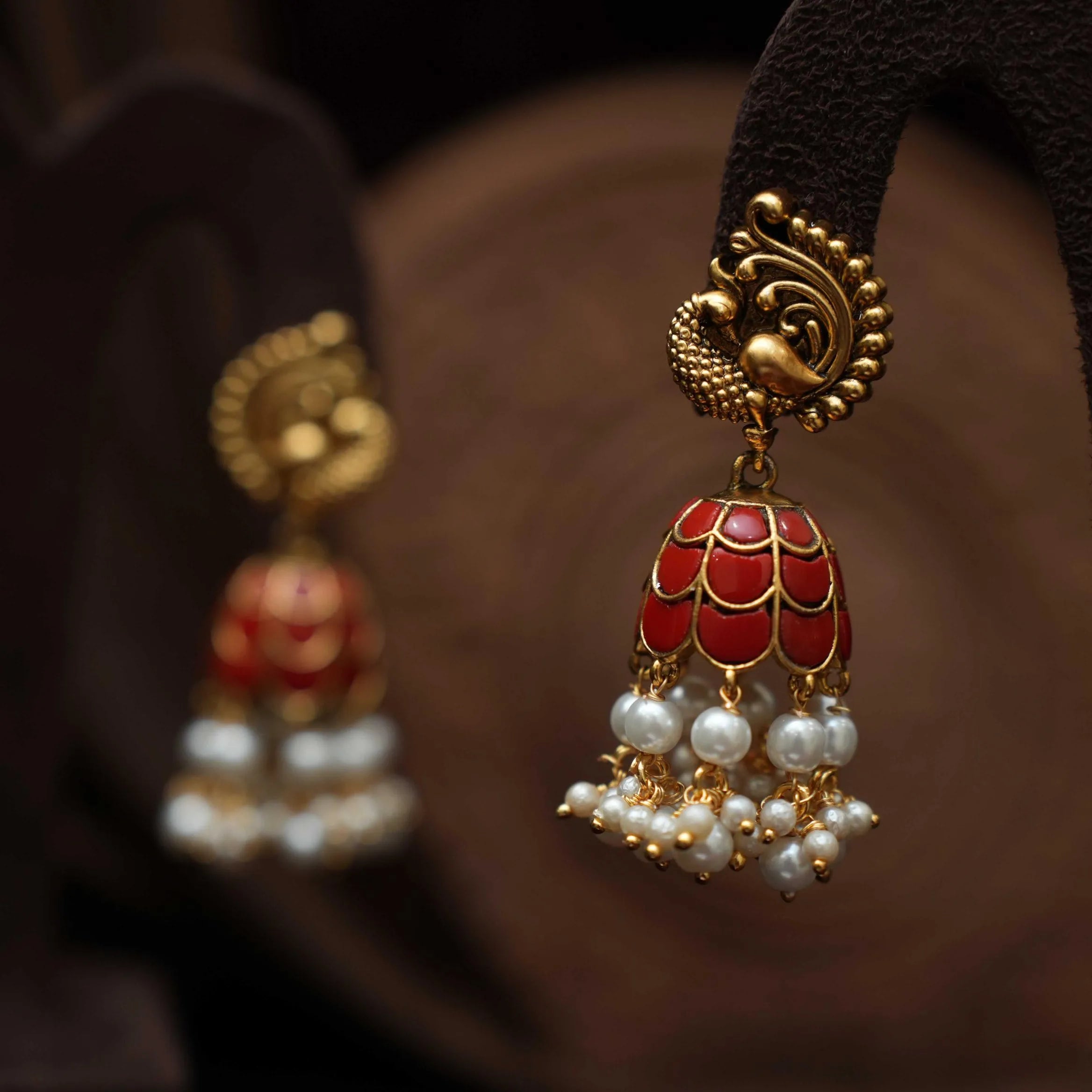 Kaajani Antique Jhumka Earrings - Coral