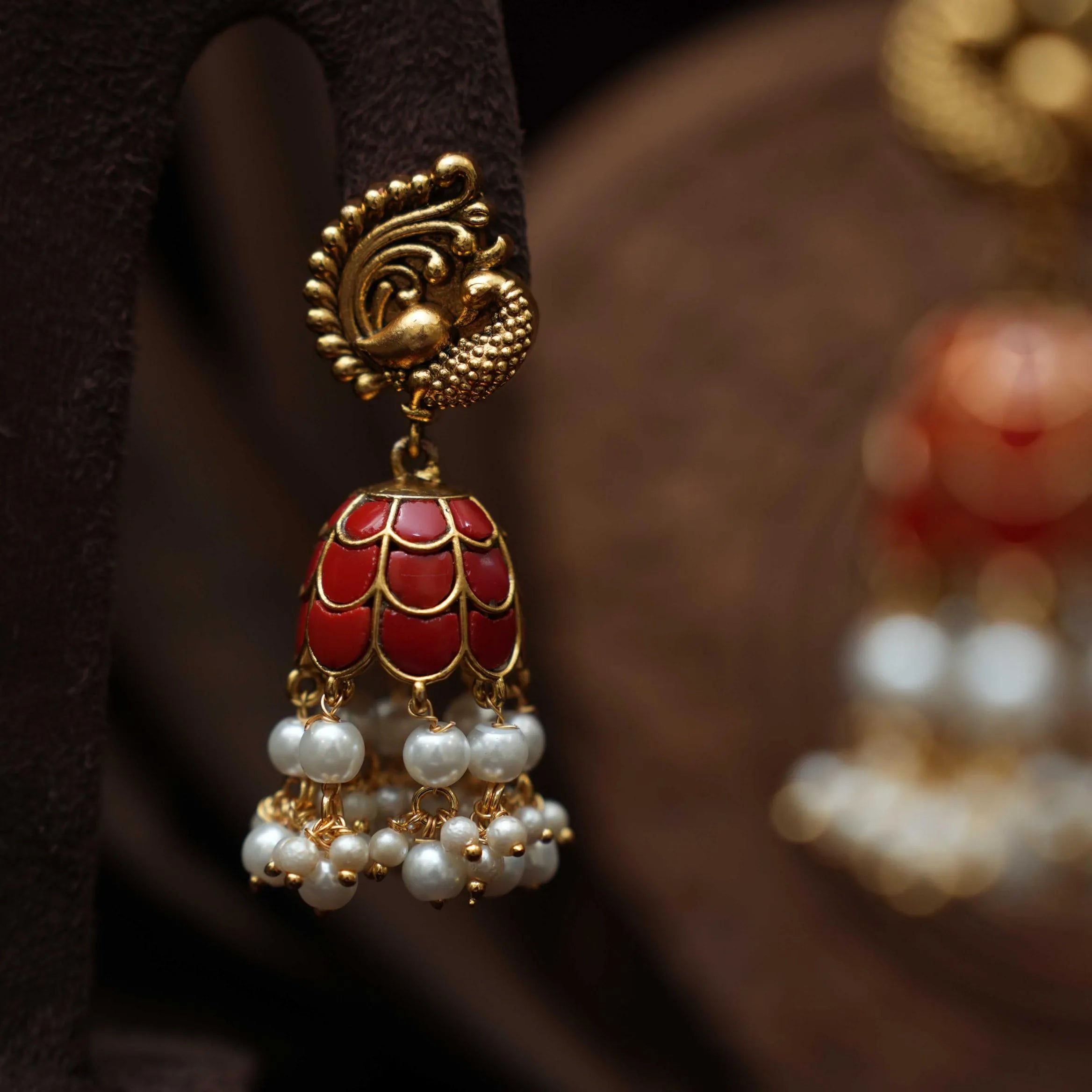 Kaajani Antique Jhumka Earrings - Coral