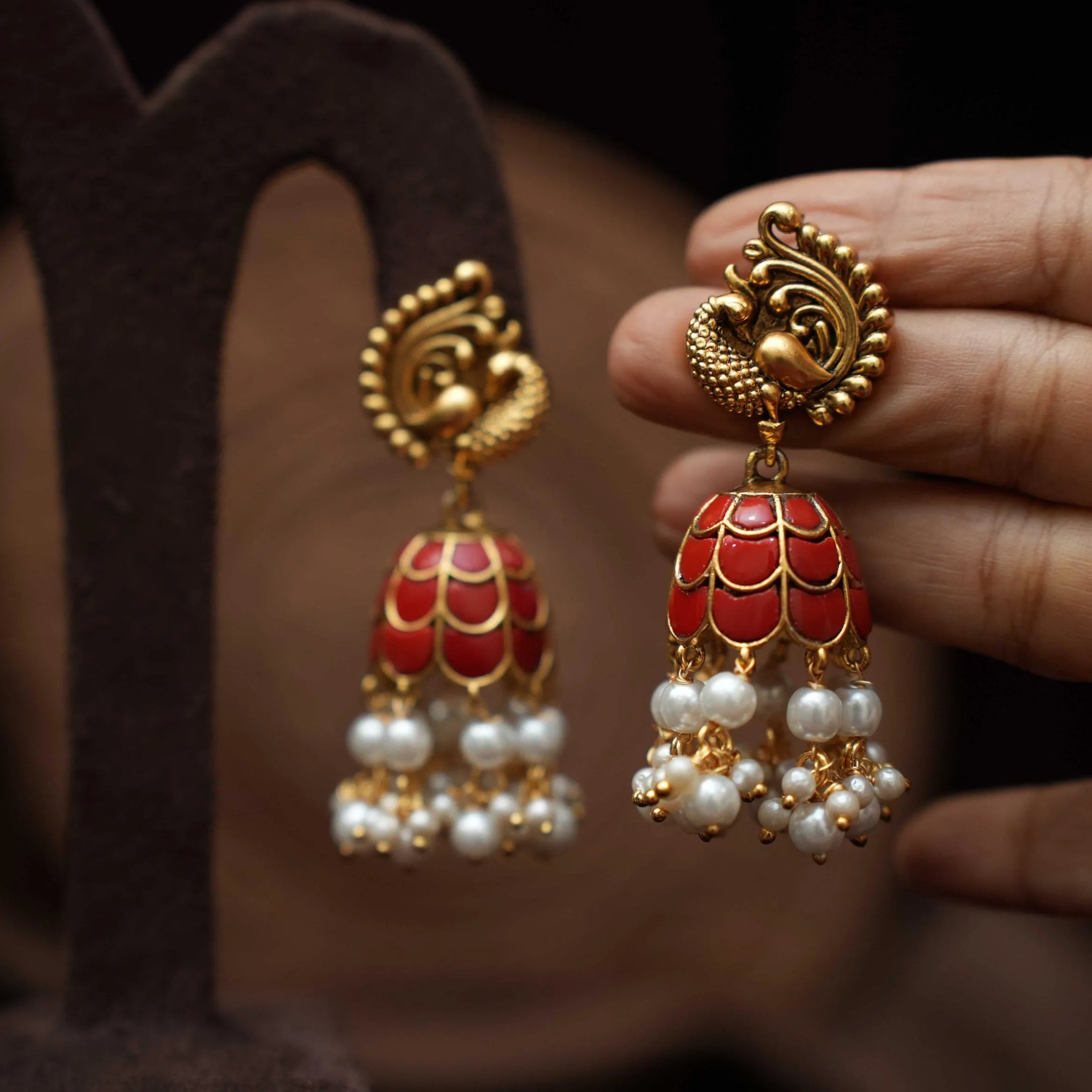 Kaajani Antique Jhumka Earrings - Coral