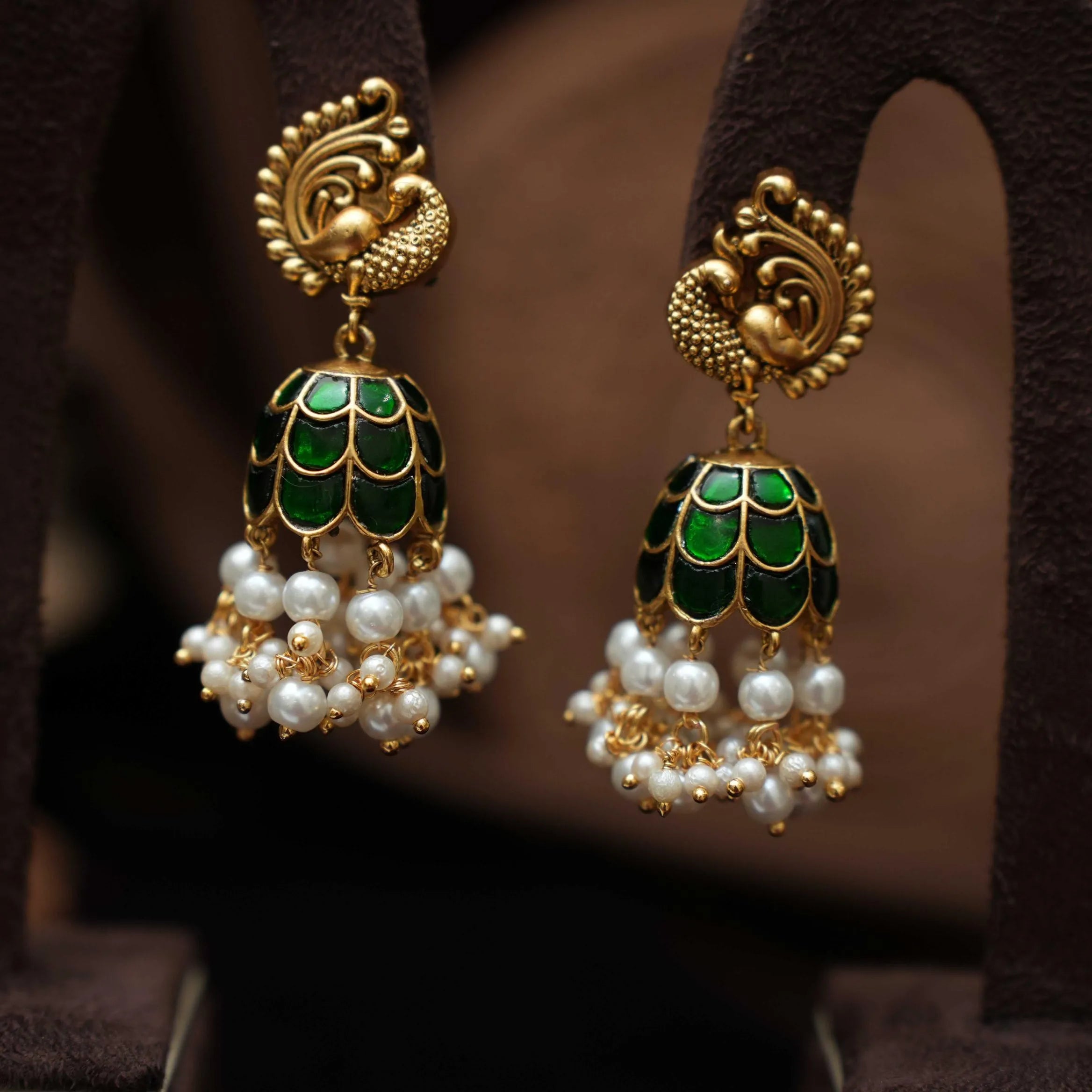 Kaajani Antique Jhumka Earrings - Green