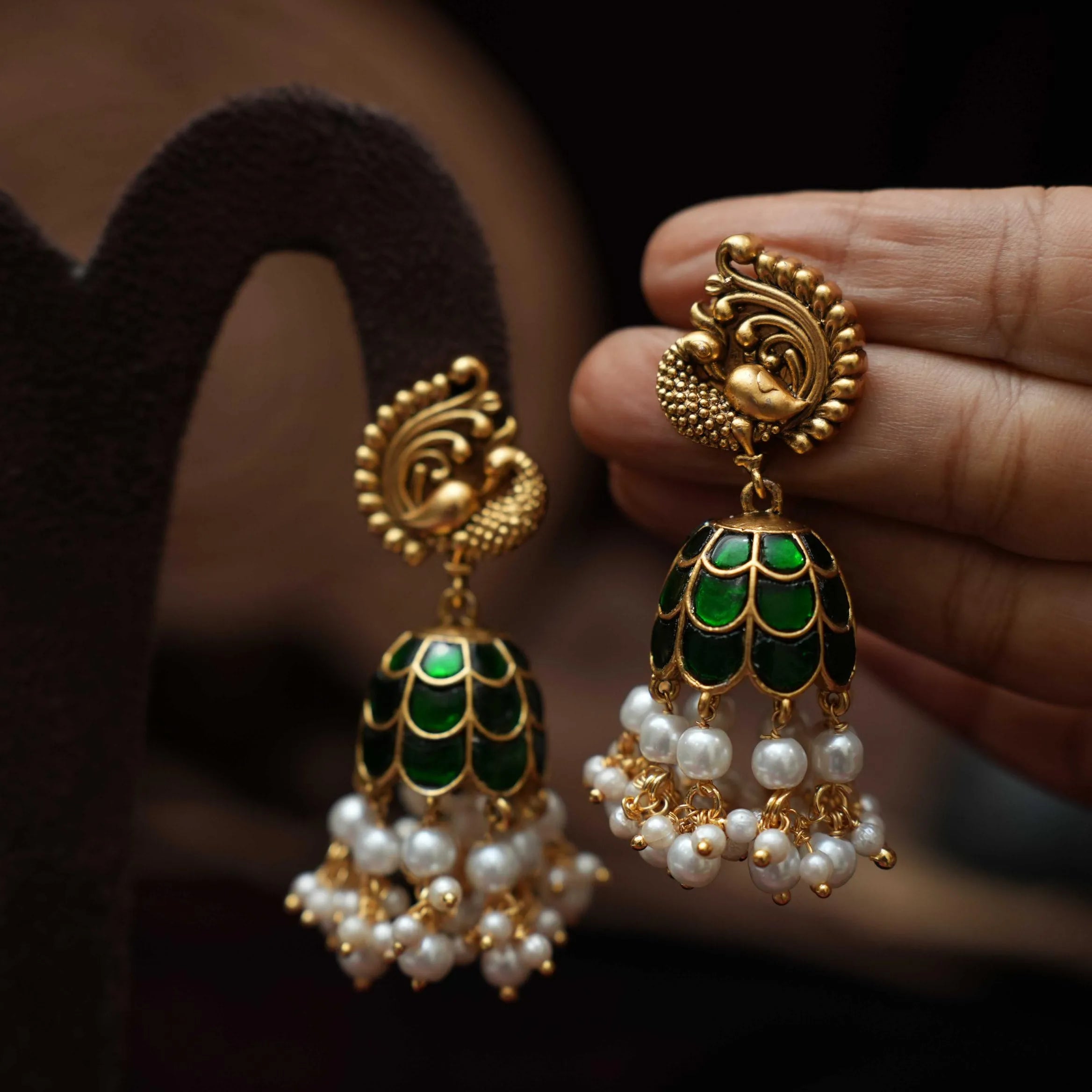 Kaajani Antique Jhumka Earrings - Green