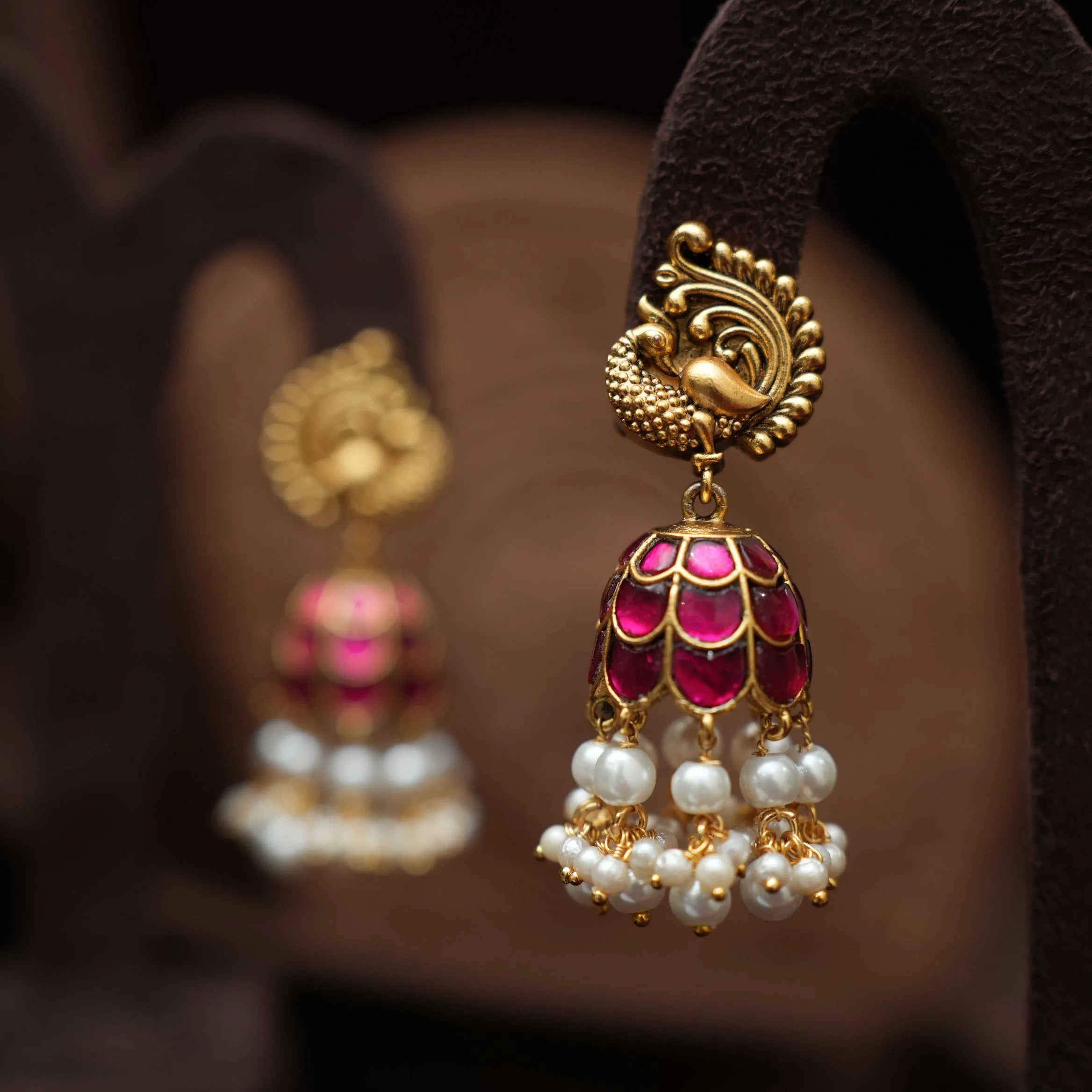 Kaajani Antique Jhumka Earrings - Red