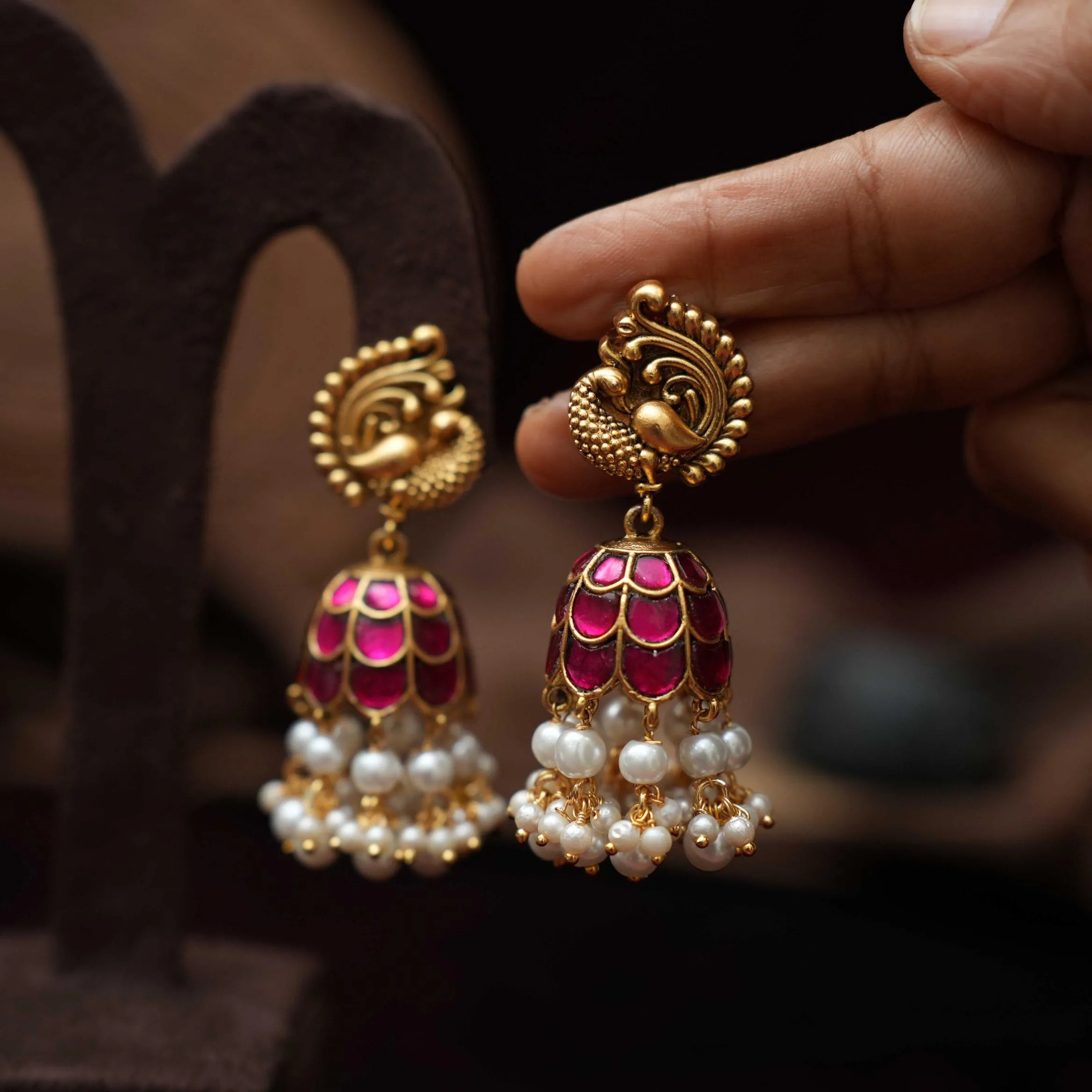 Kaajani Antique Jhumka Earrings - Red