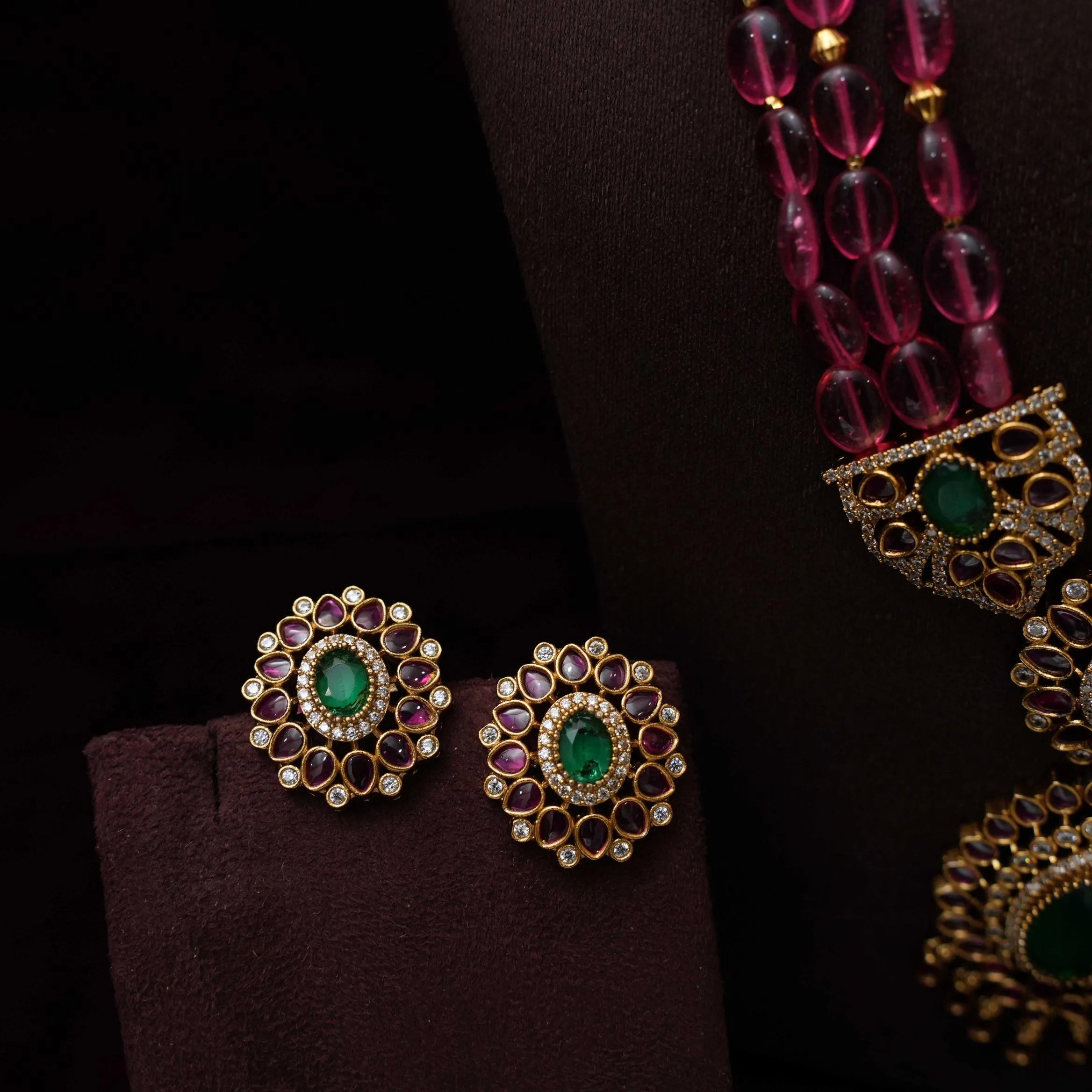 Kabutari Polki Beaded Necklace - Reddish Pink