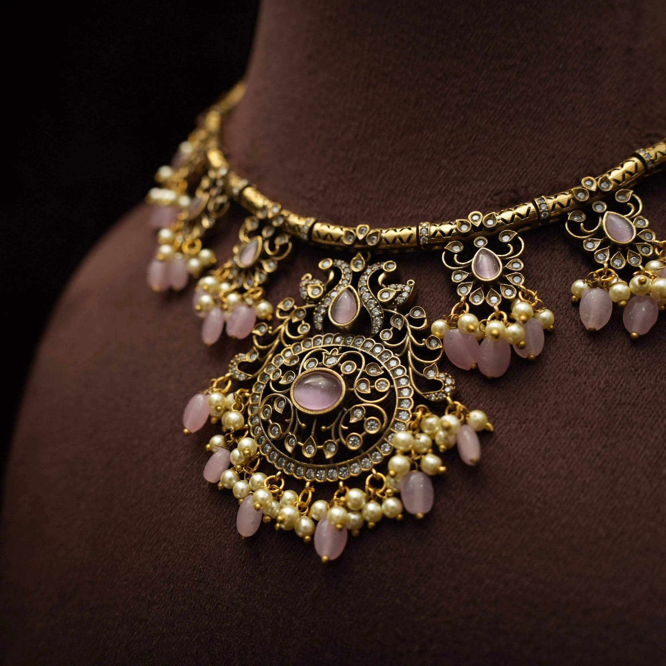 Kairavi Zircon Hasli Necklace - Pastel Pink