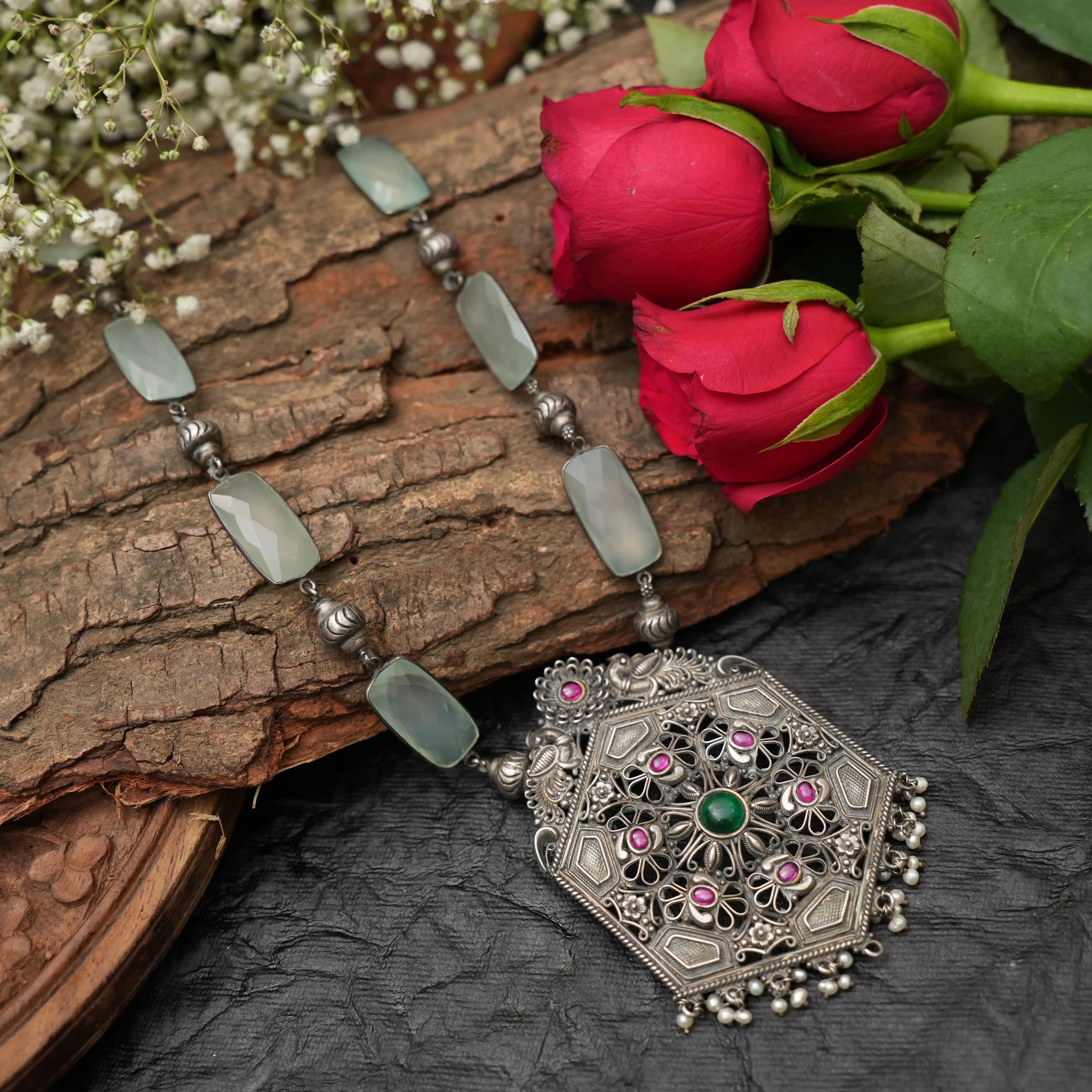 Kaviya Oxidised Silver Necklace