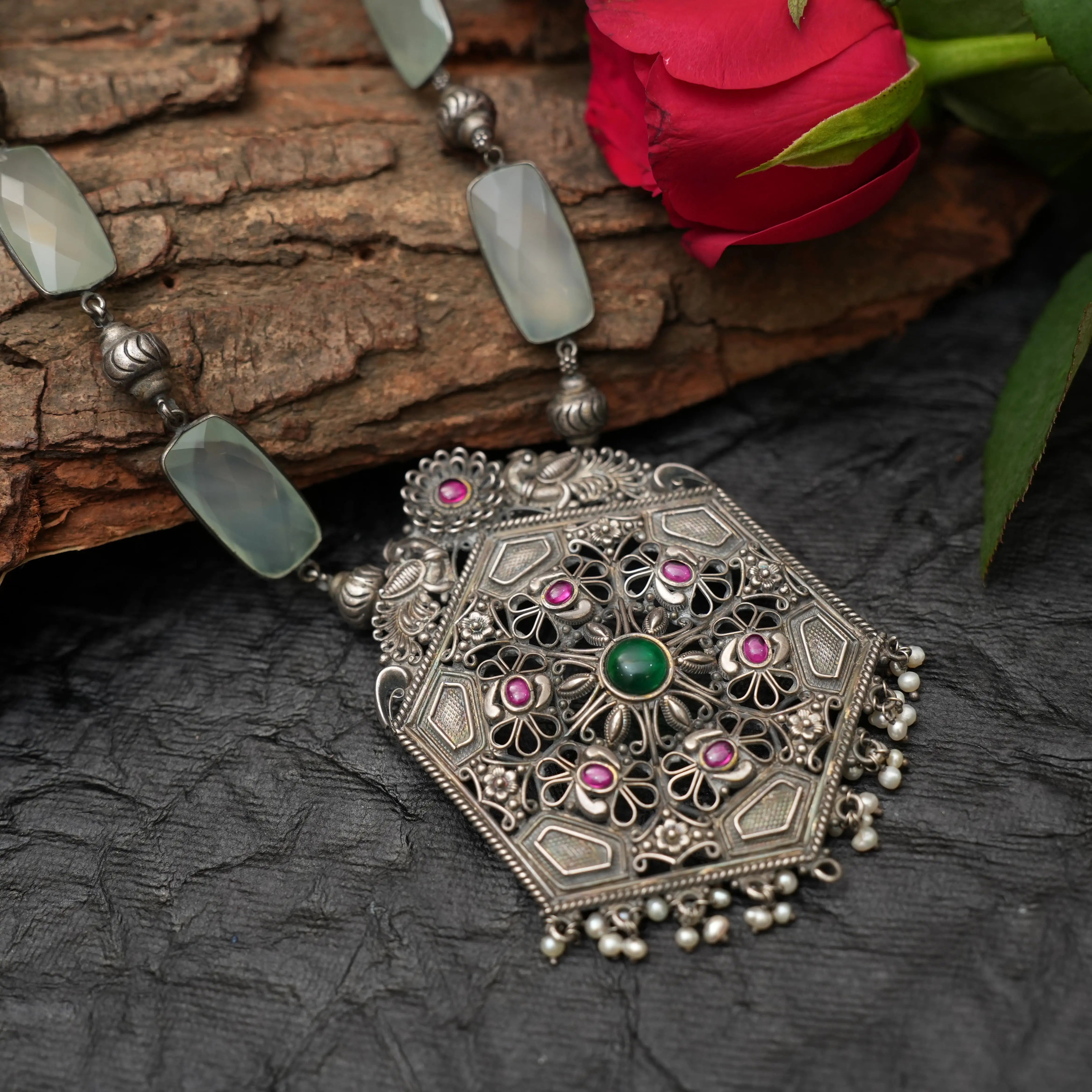 Kaviya Oxidised Silver Necklace