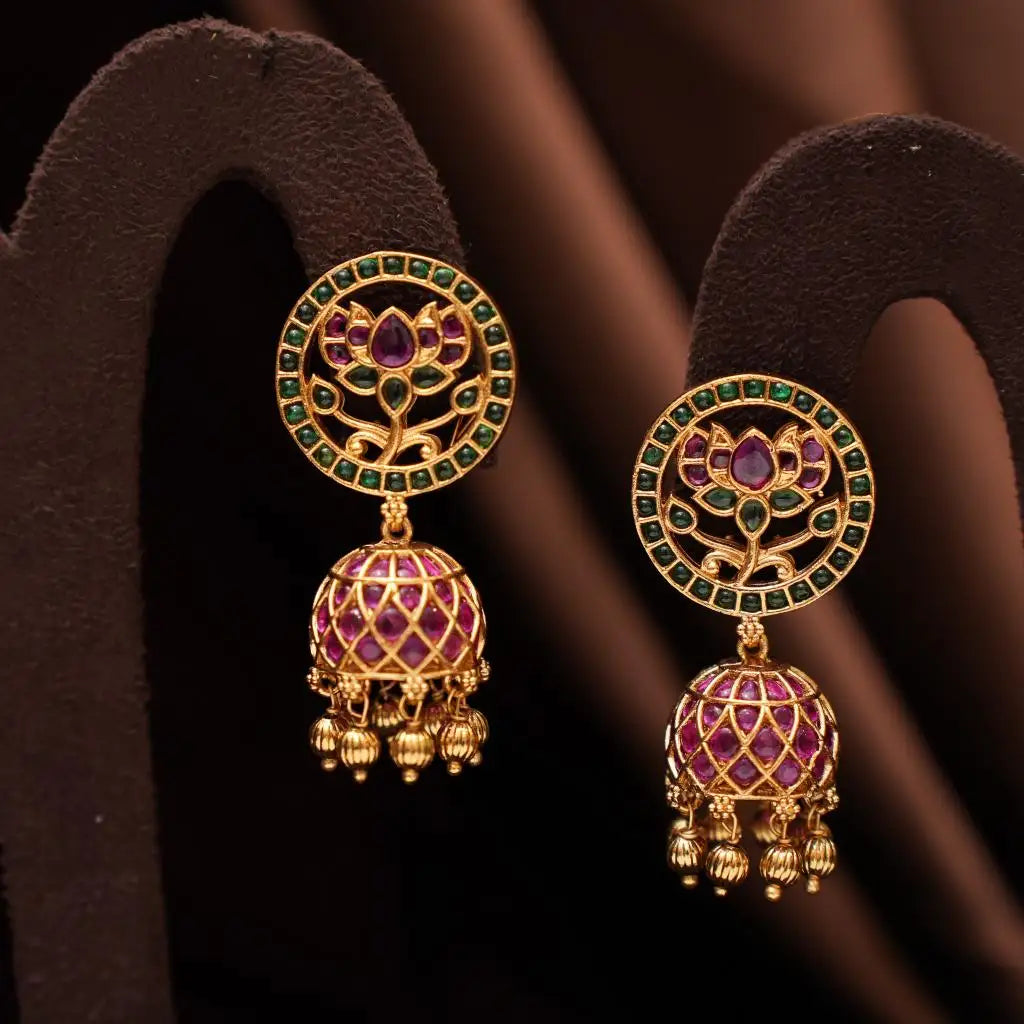 Keshini Antique Jhumka Earrings - Red & Green