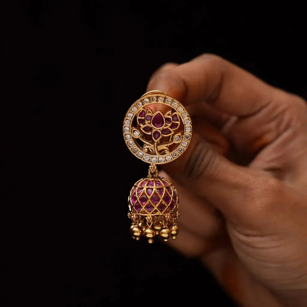 Keshini Antique Jhumka Earrings - Red