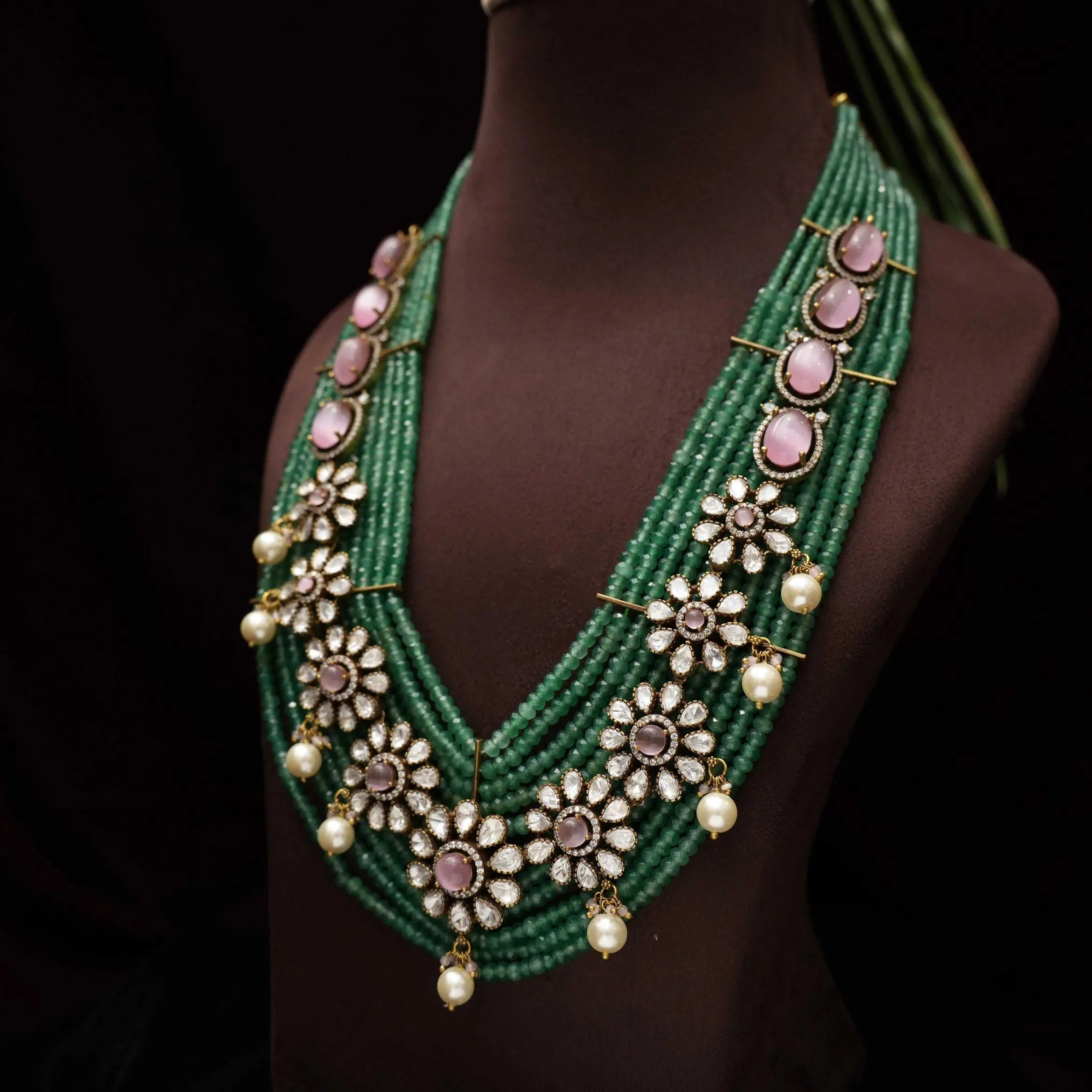 Keziya Beaded Polki Necklace - Green & Pink