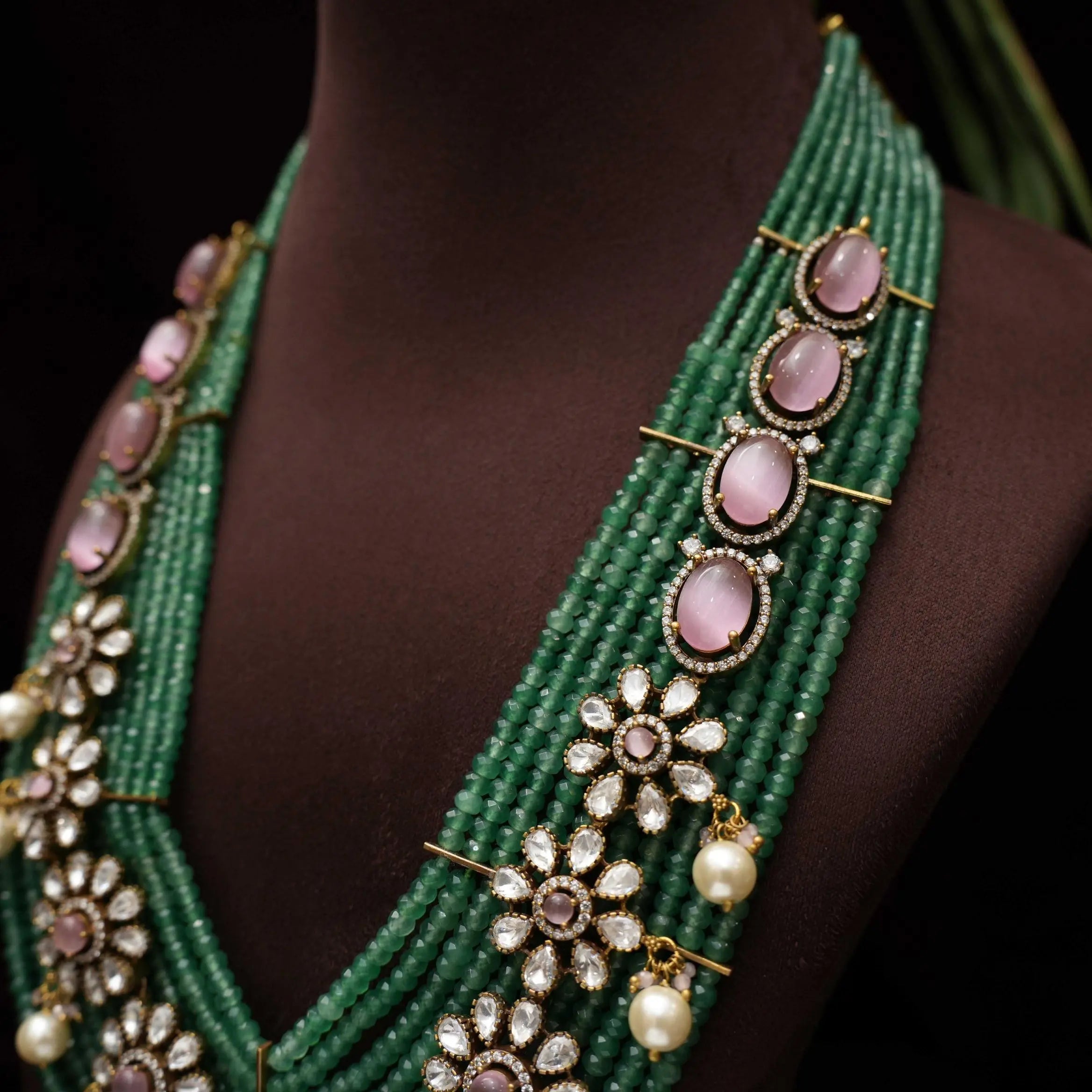 Keziya Beaded Polki Necklace - Green & Pink
