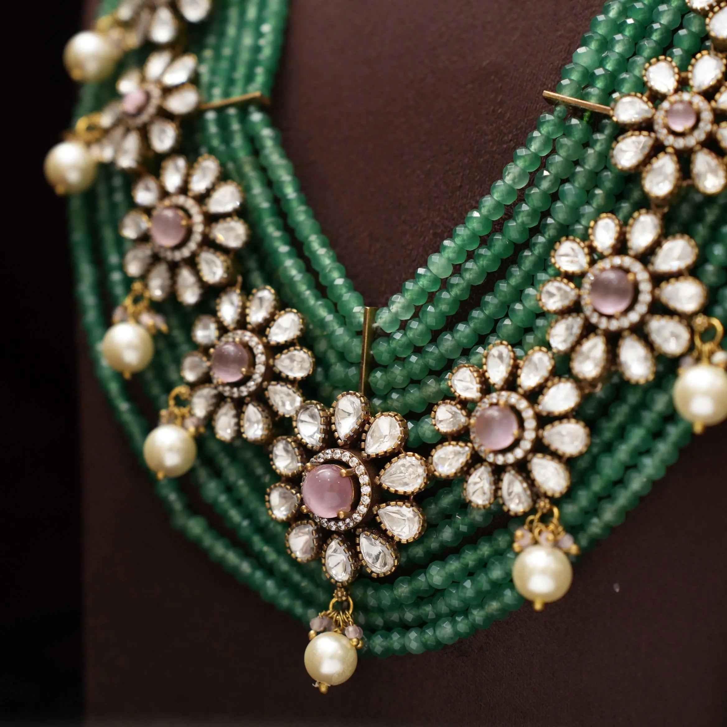 Keziya Beaded Polki Necklace - Green & Pink