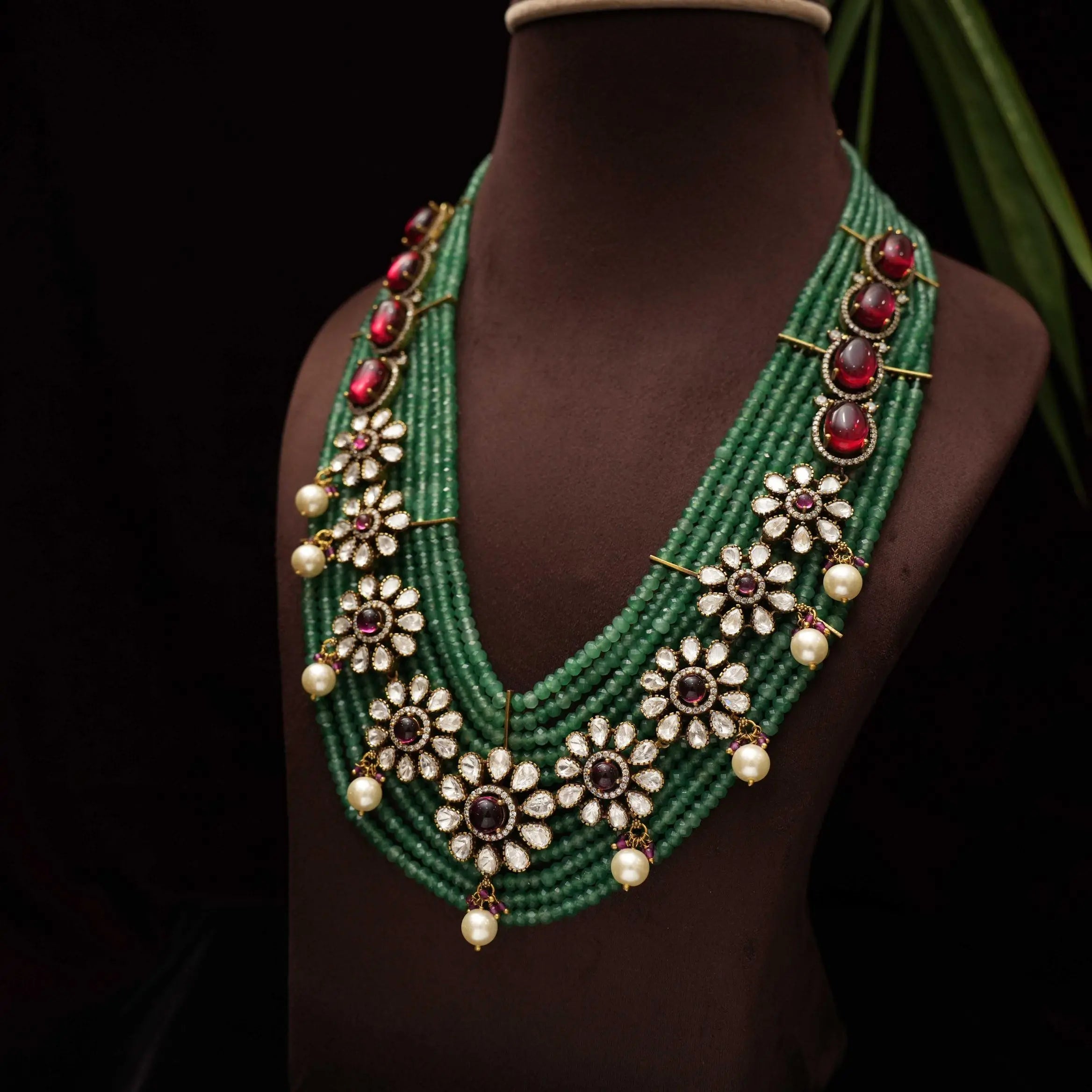 Keziya Beaded Polki Necklace - Green