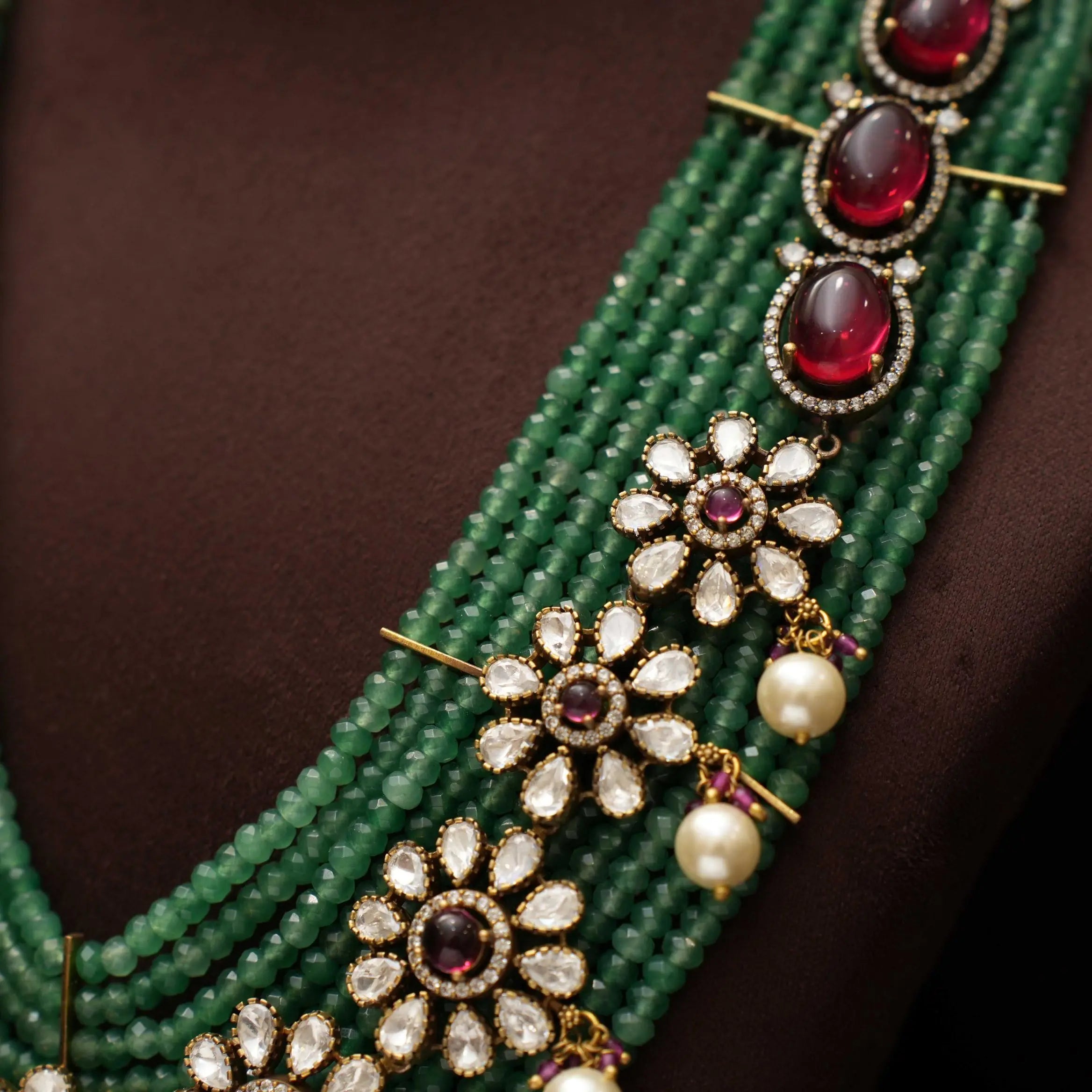 Keziya Beaded Polki Necklace - Green