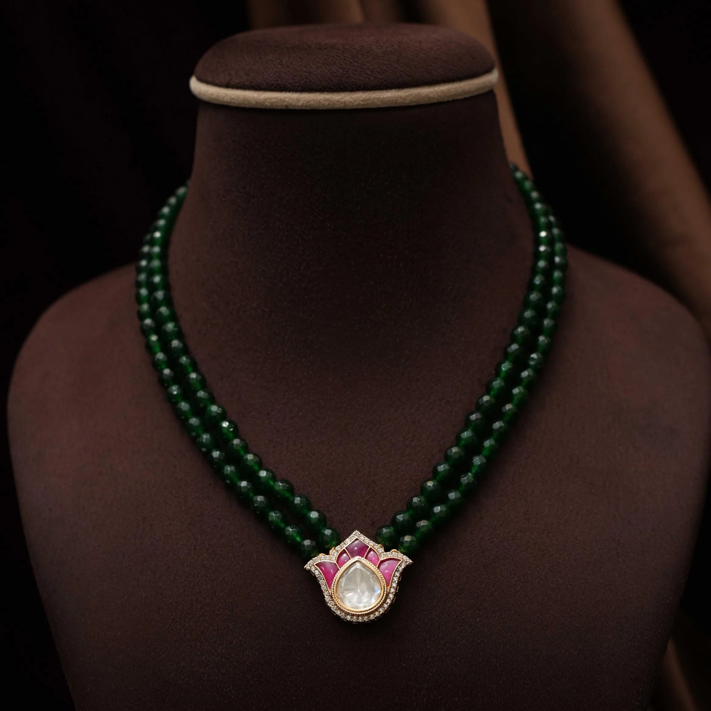 Khusi Beaded Polki Necklace - Red