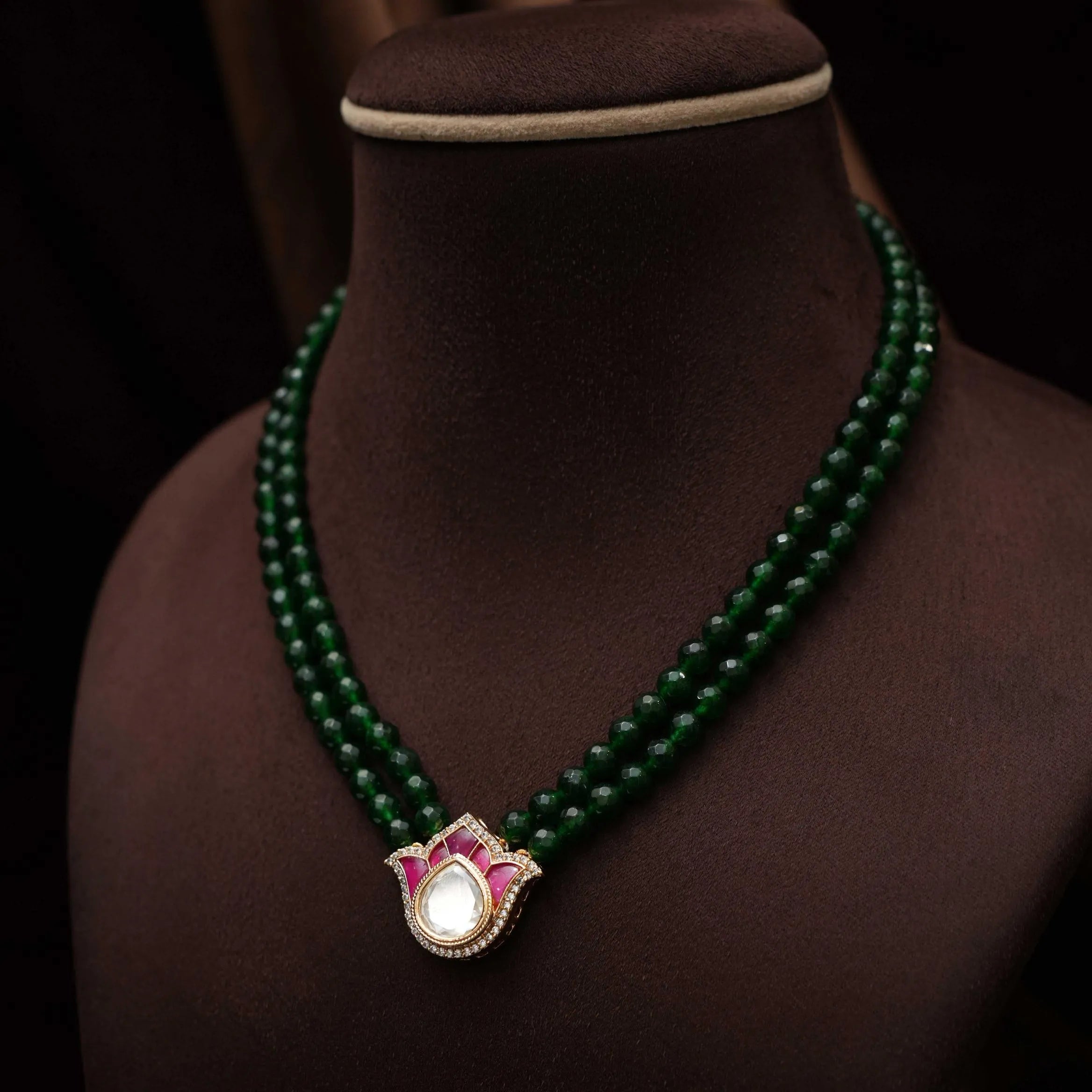 Khusi Beaded Polki Necklace - Red