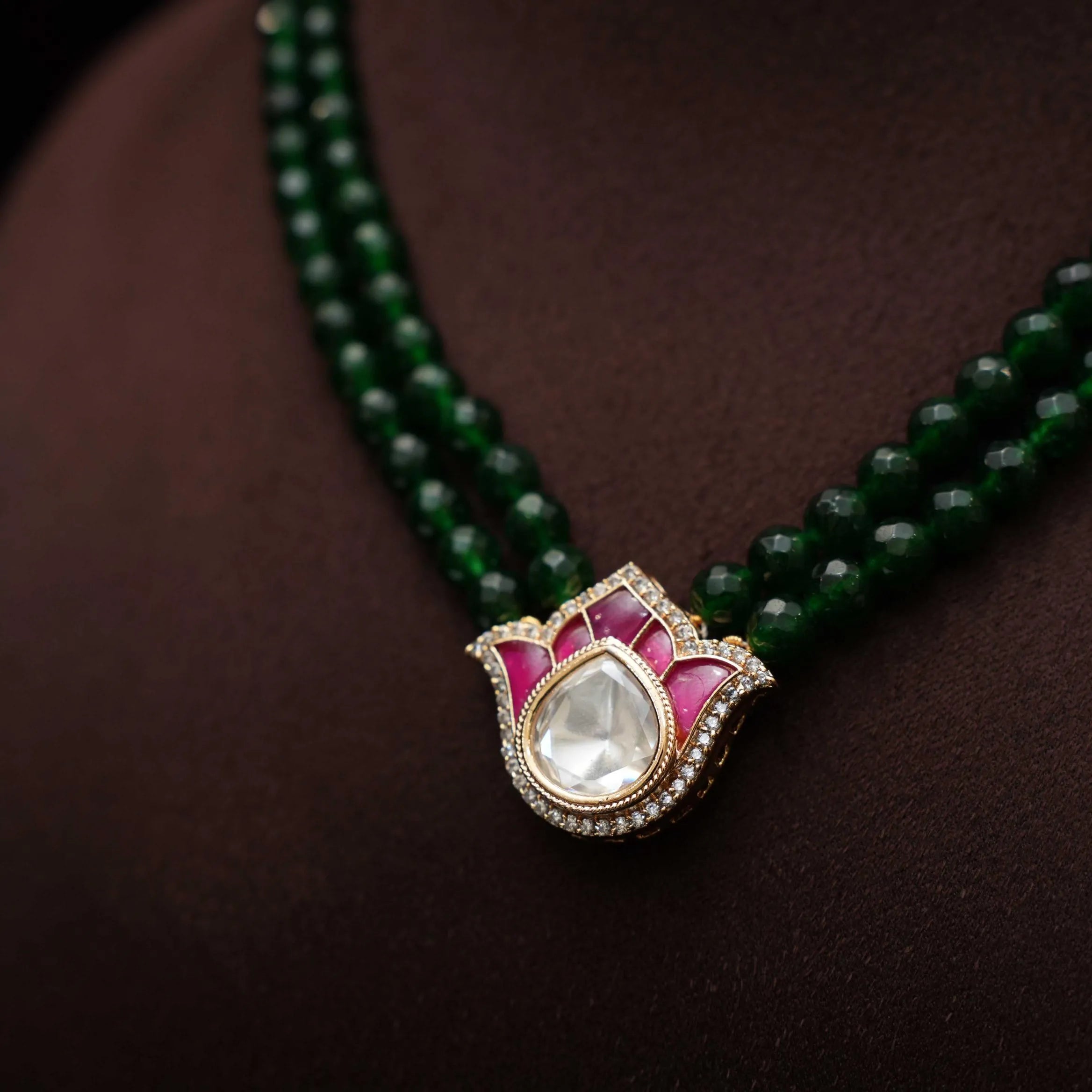 Khusi Beaded Polki Necklace - Red