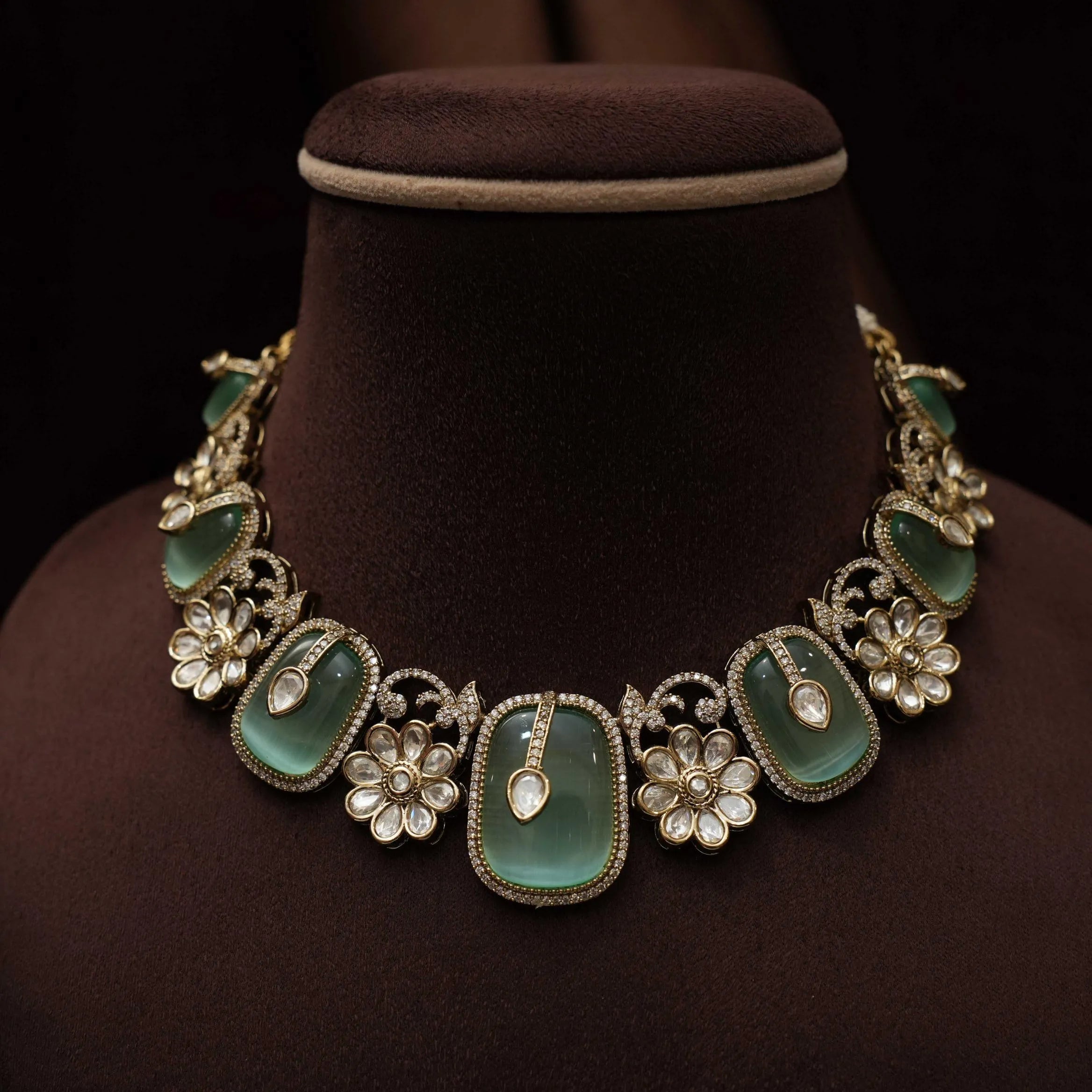 Kivira Kundan Floral Choker - Sea Green