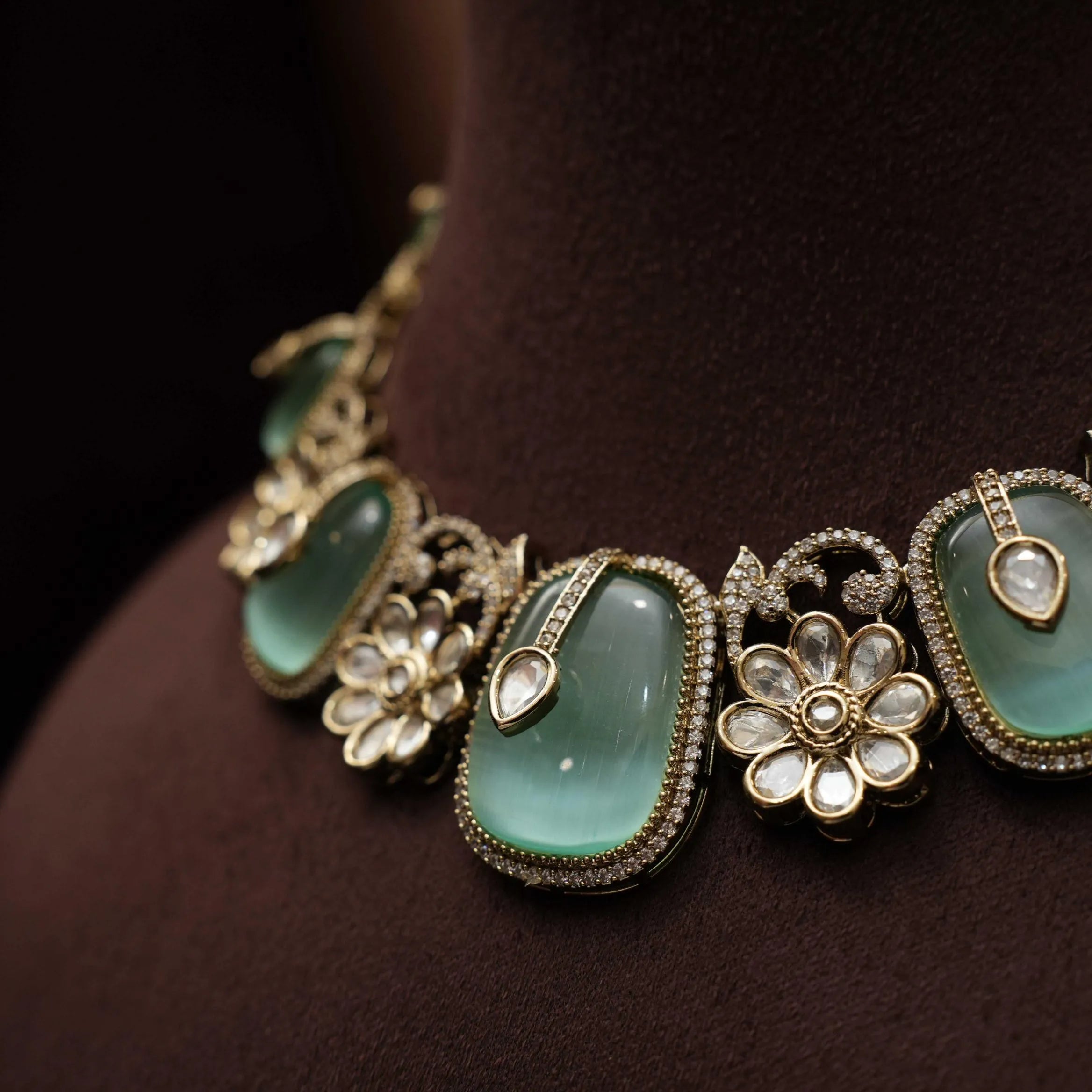 Kivira Kundan Floral Choker - Sea Green