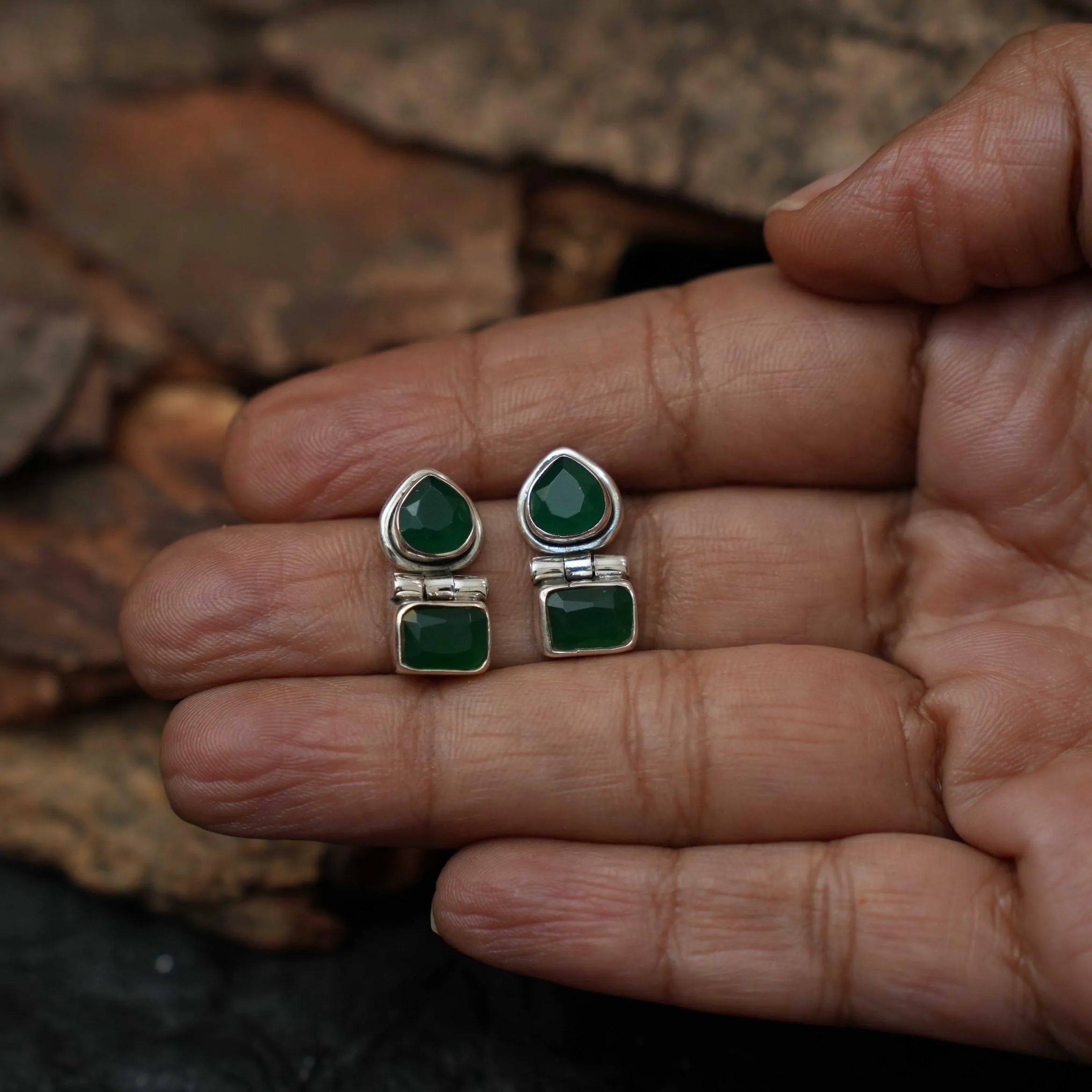 Krisha Silver Oxidised Ear Stud - Green