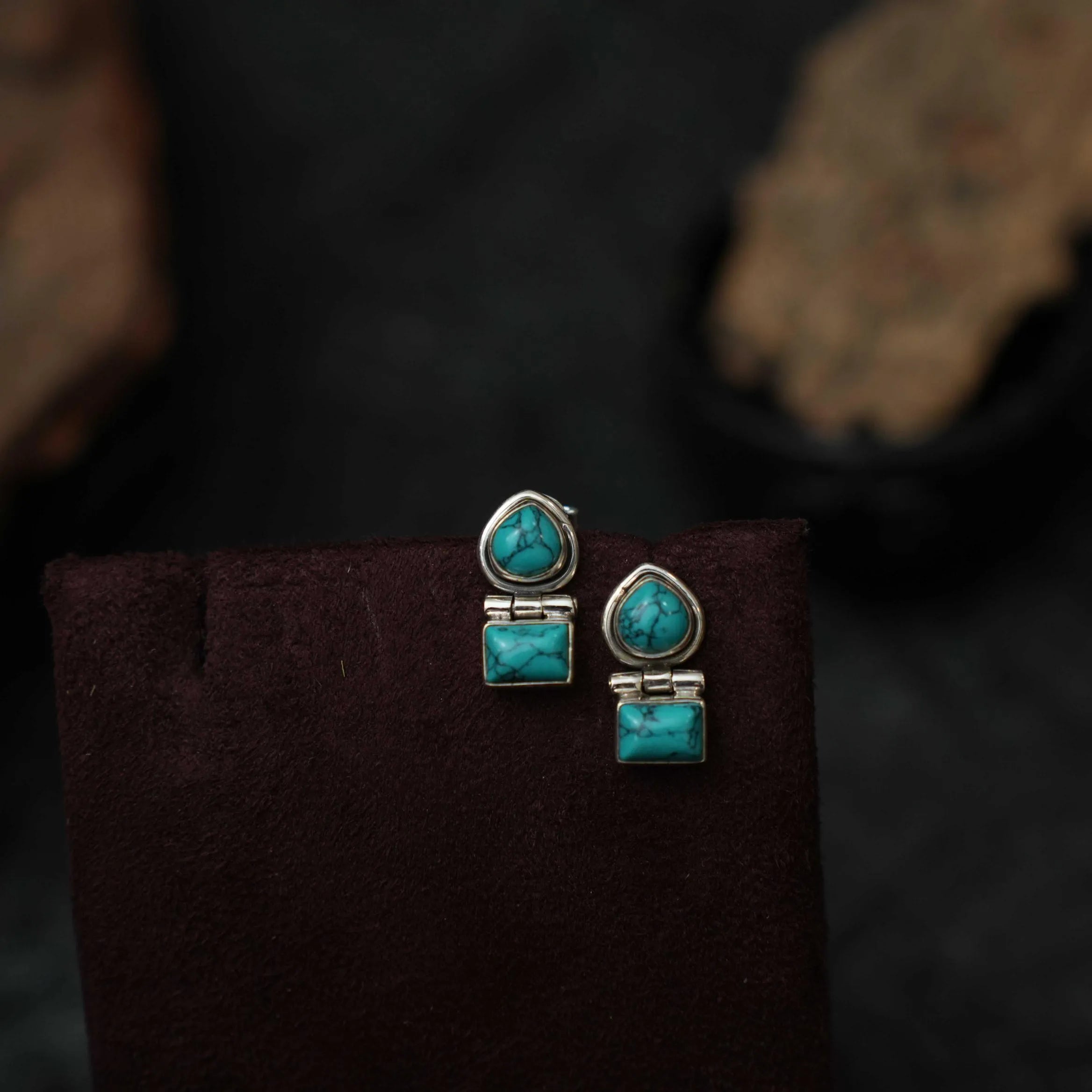 Krisha Silver Oxidised Ear Stud - Turquoise