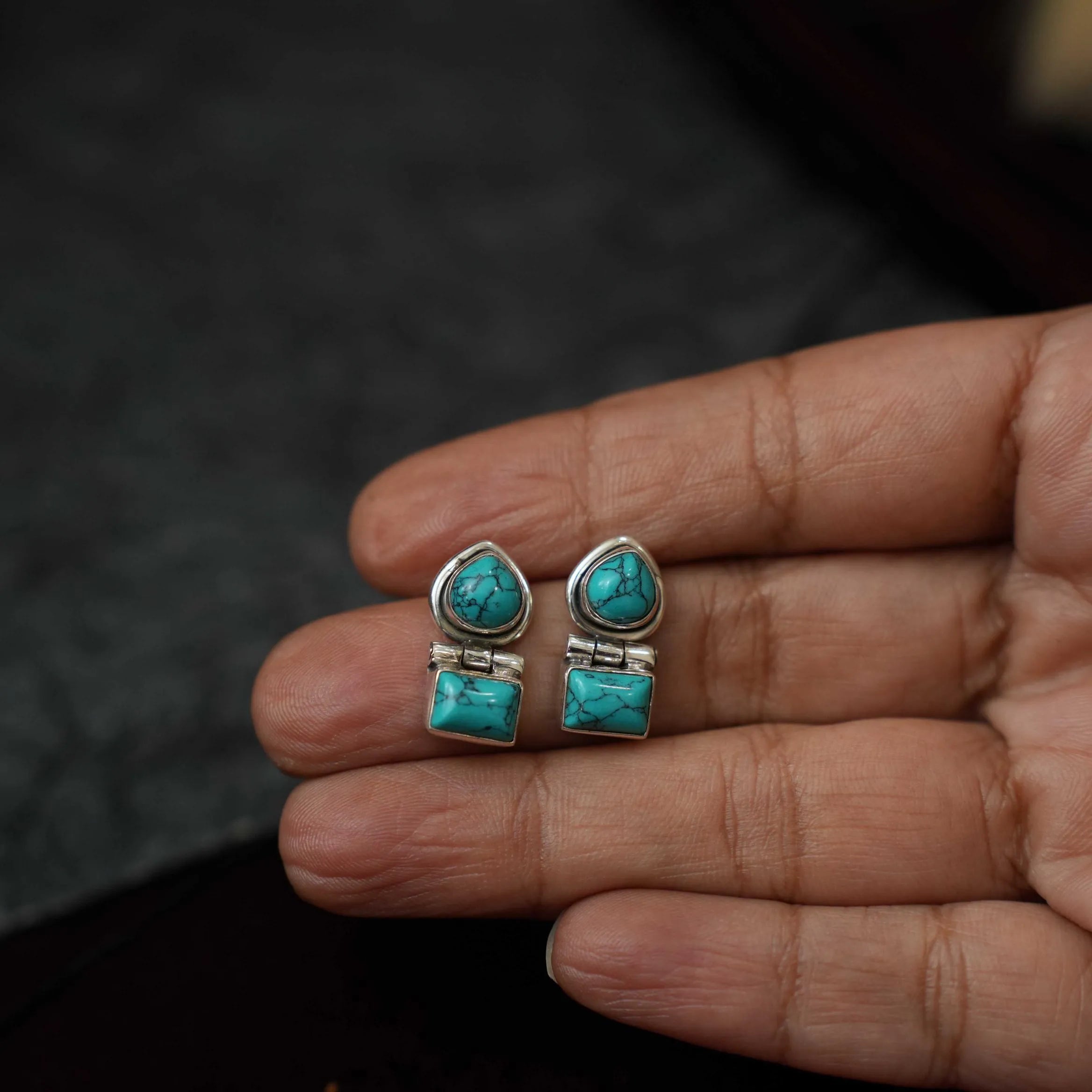 Krisha Silver Oxidised Ear Stud - Turquoise