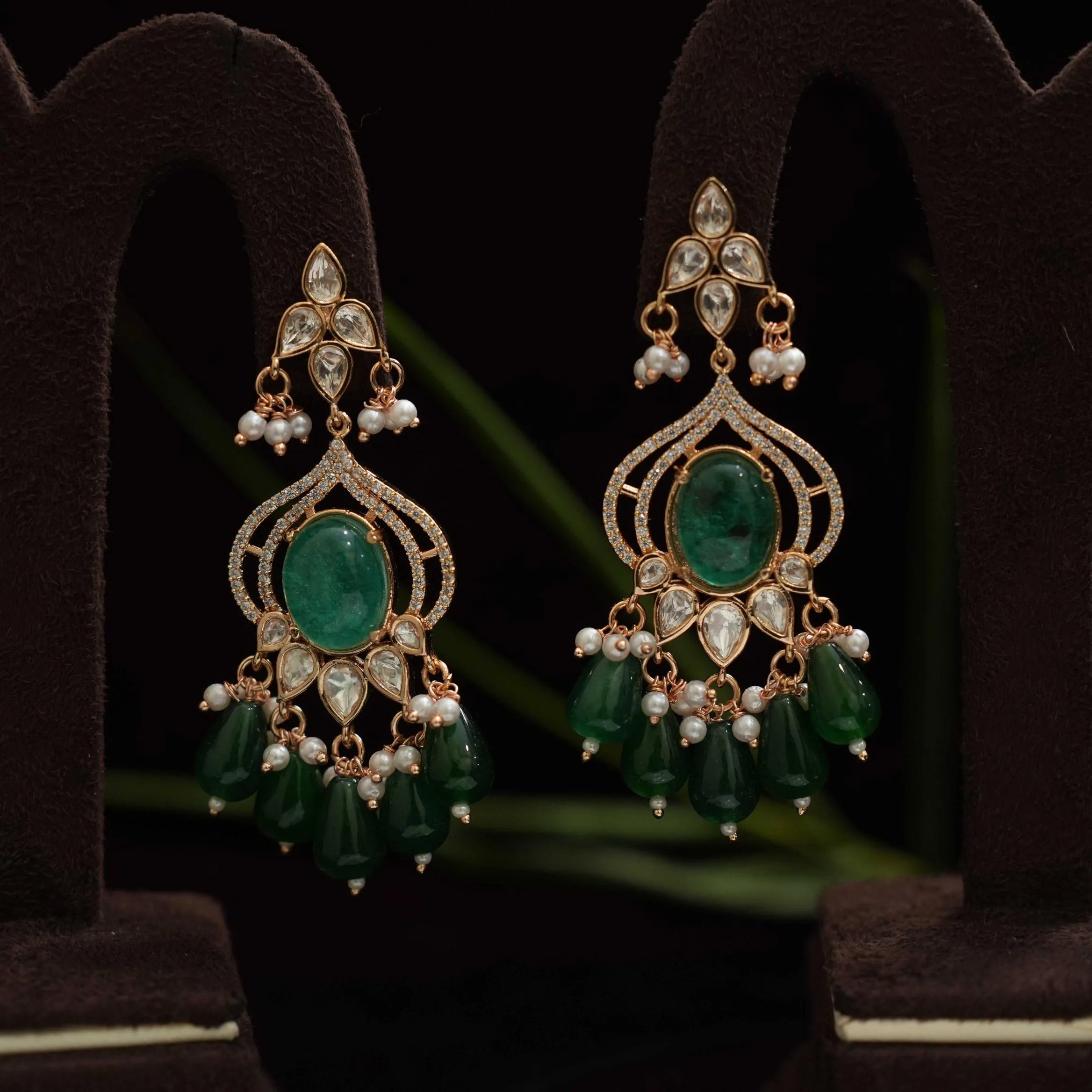 Kuvira Polki Designer Earrings - Dark Green